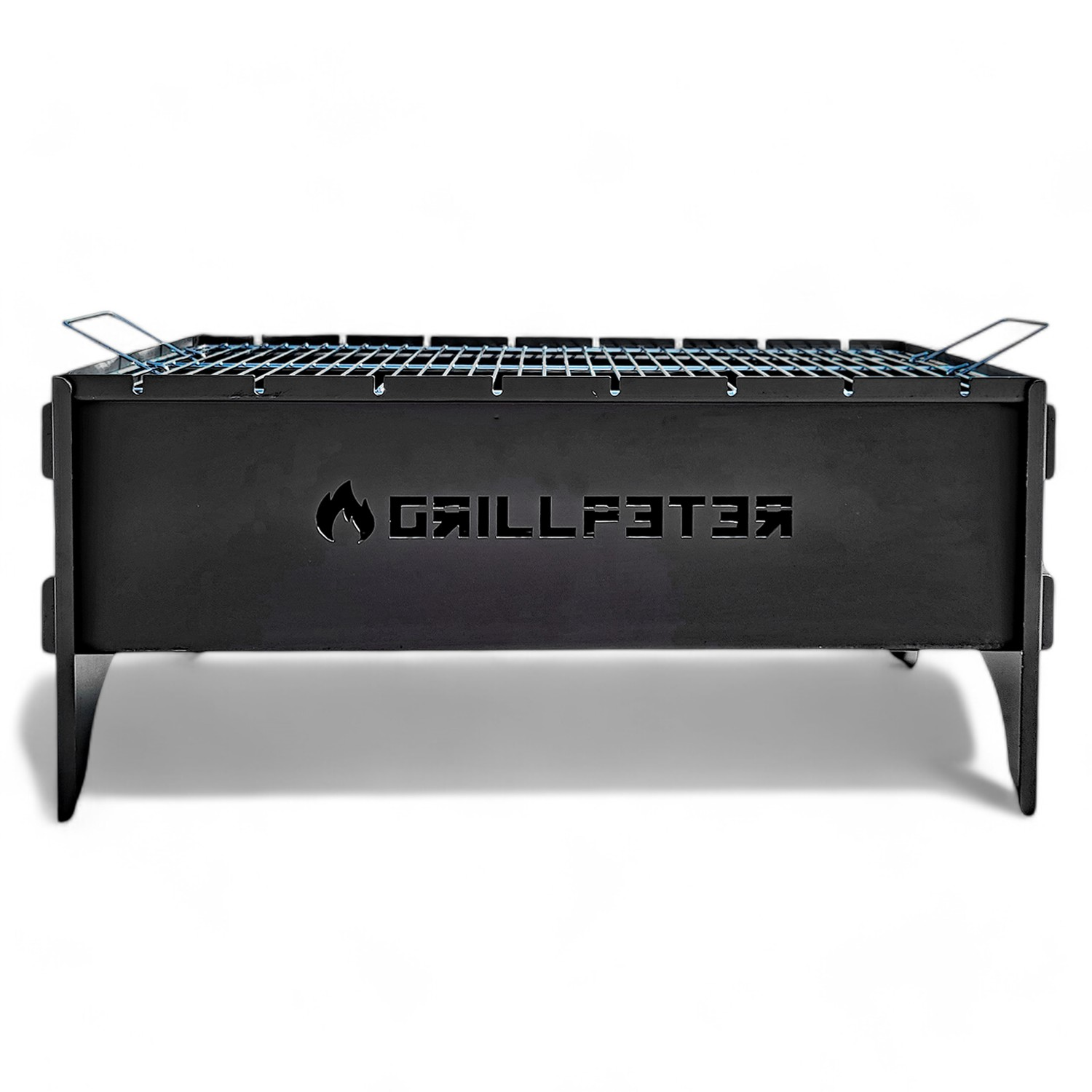 Schwarzer, rechteckiger Grill mit Metallbeinen und einem Rost. Logo auf der Vorderseite.