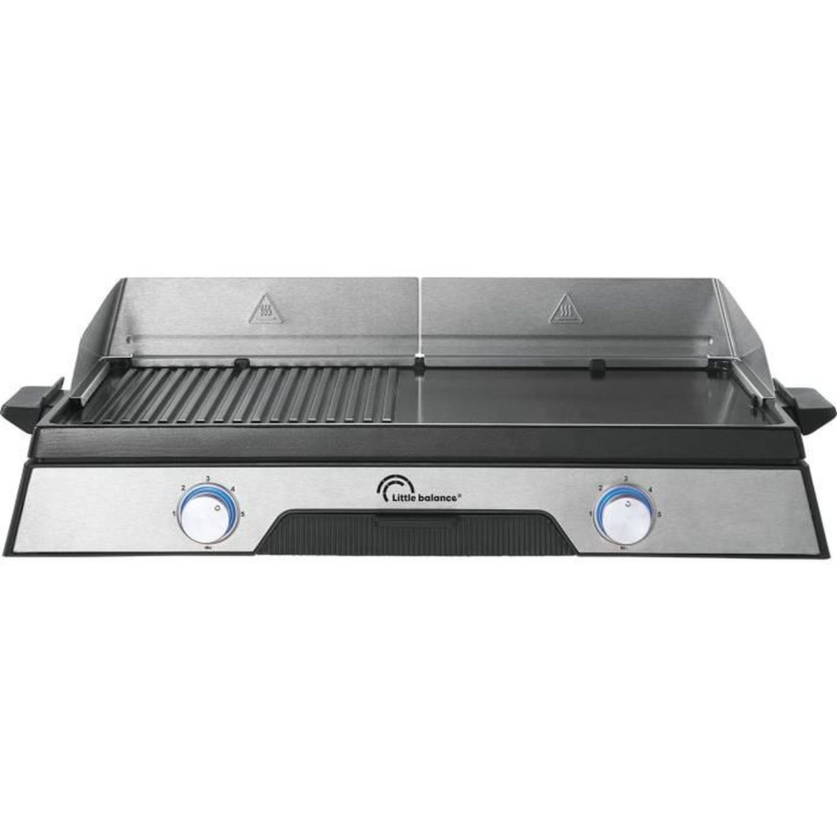 Ein silberner elektrischer Tischgrill mit gerippter und glatter Platte.