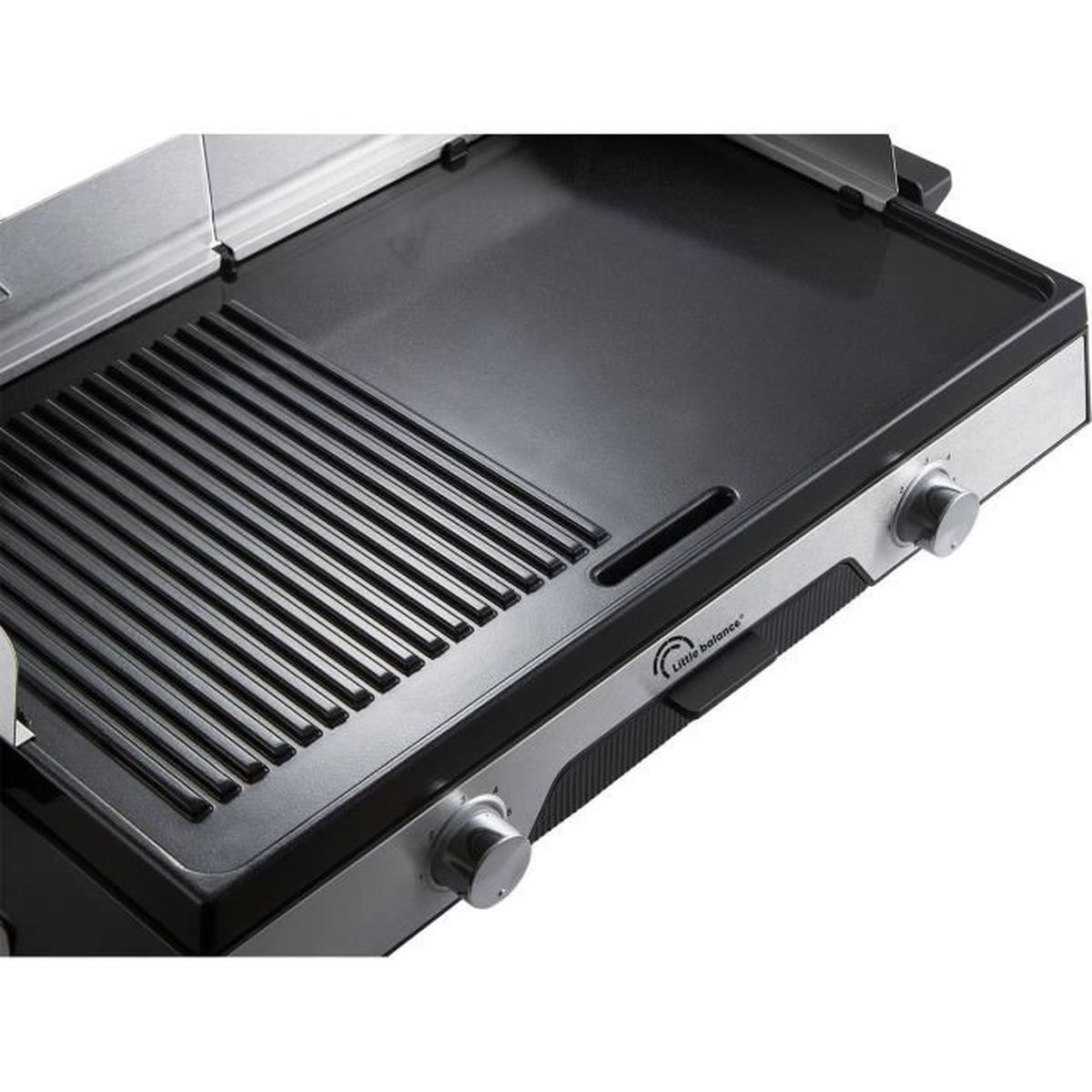 Eine Grillplatte mit Grillrost und einer glatten Fläche, zwei Drehreglern.