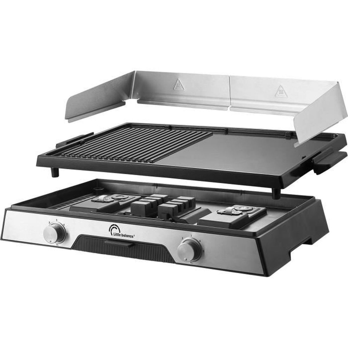 Ein elektrischer Tischgrill mit Grillplatte, Fettauffangschale und Windschutz.