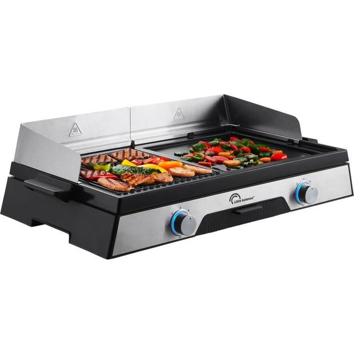 Elektrischer Grill mit Fleisch und Gemüse. Silber und Schwarz.