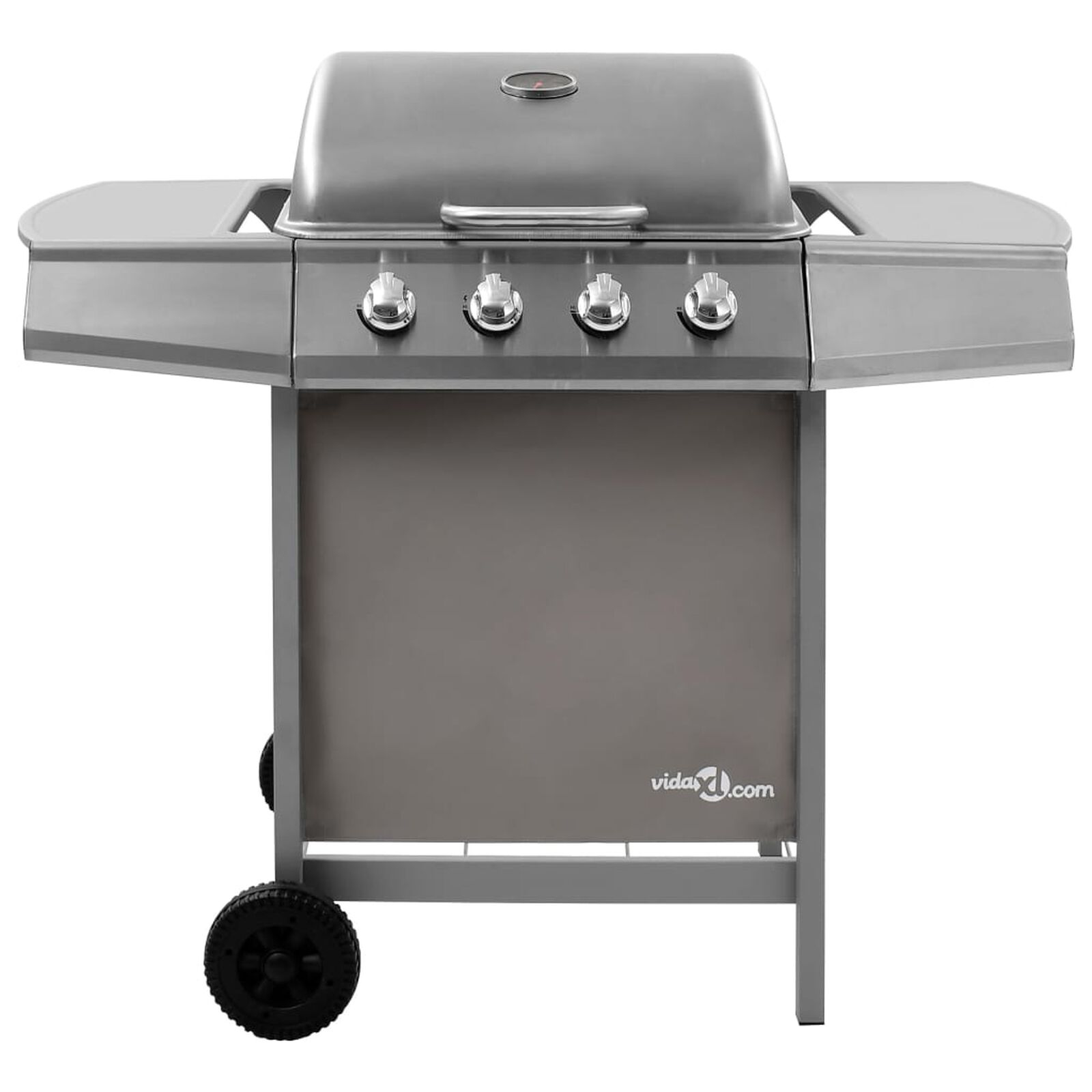 Ein silberner Gasgrill mit vier Knöpfen, seitlichen Ablagen und Rädern.