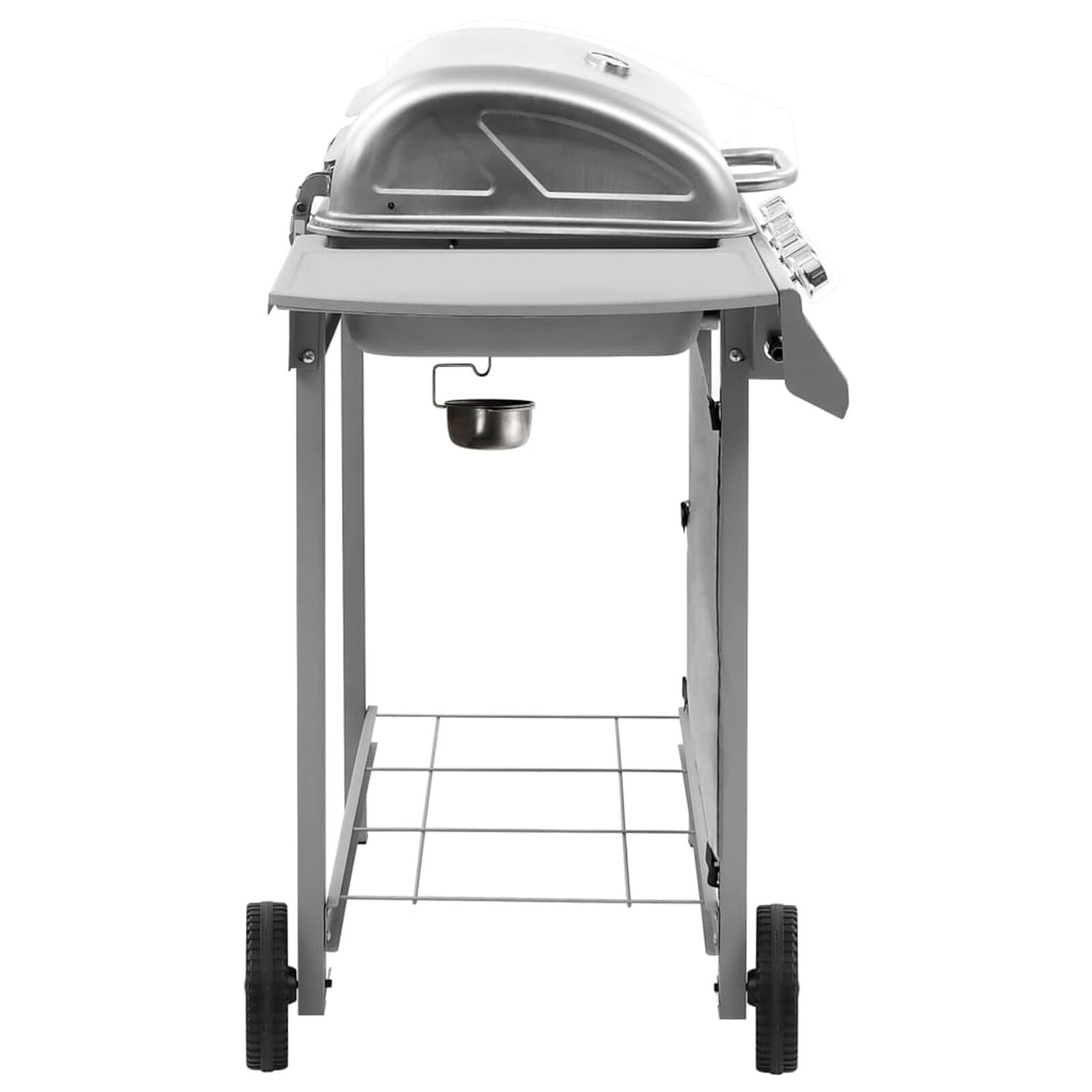 Ein silberner Grill auf Rädern mit einem Haken und einer Schale darunter.