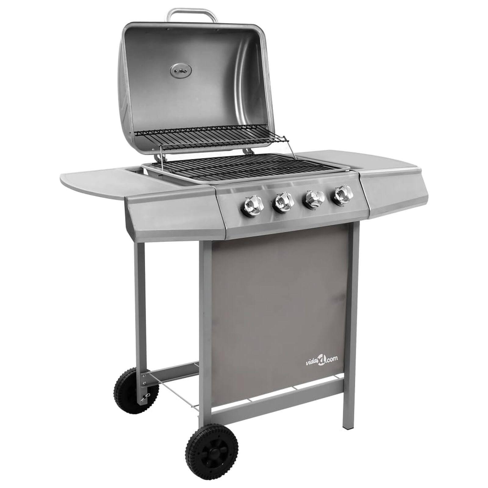 Ein silberner Gasgrill mit offenem Deckel, vier Reglern und zwei Rädern.