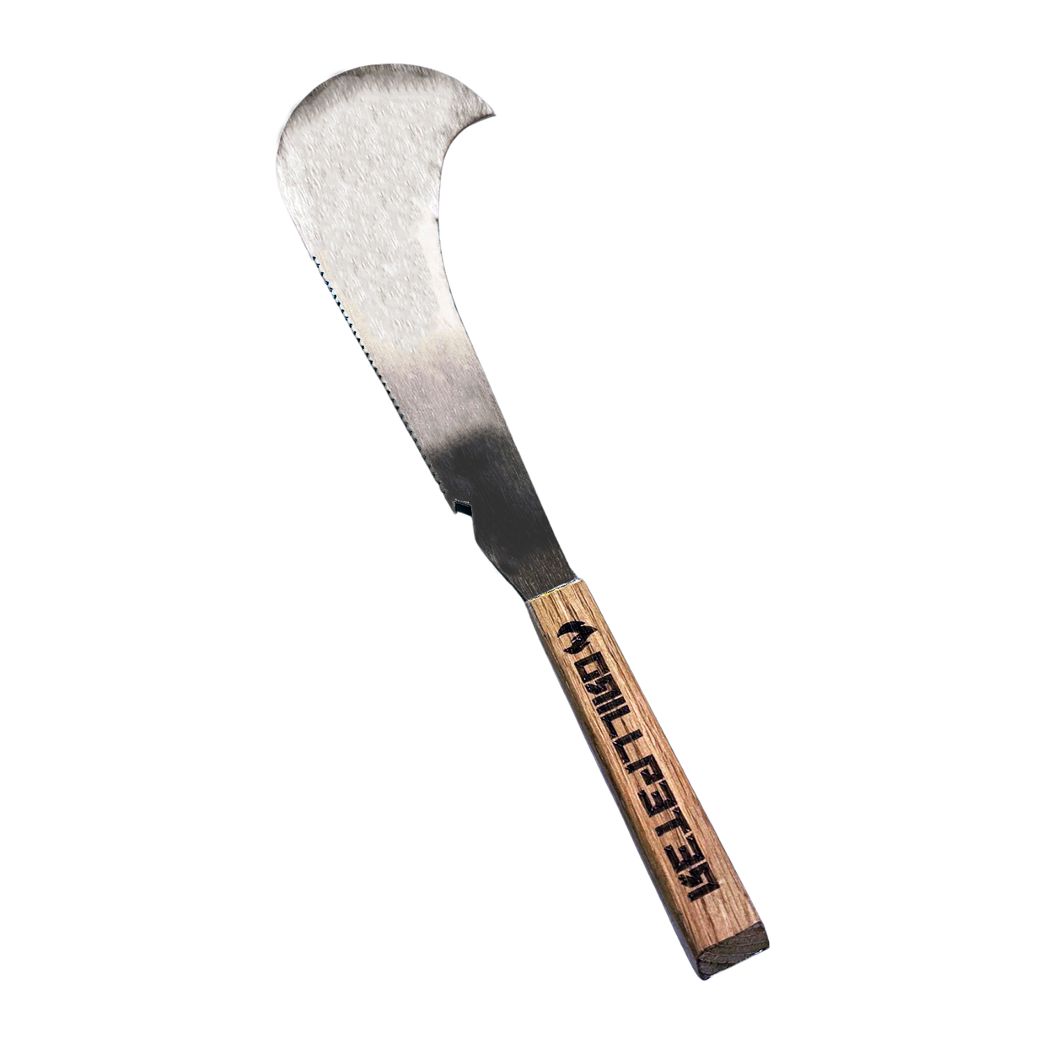 Ein gebogenes Metallwerkzeug mit gezackter Kante und Holzgriff mit Branding.