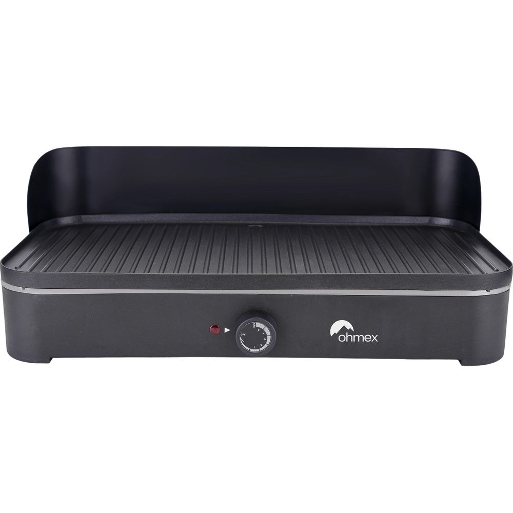 Gril électrique noir avec surface de cuisson striée, bouton de température et pare-éclaboussures.