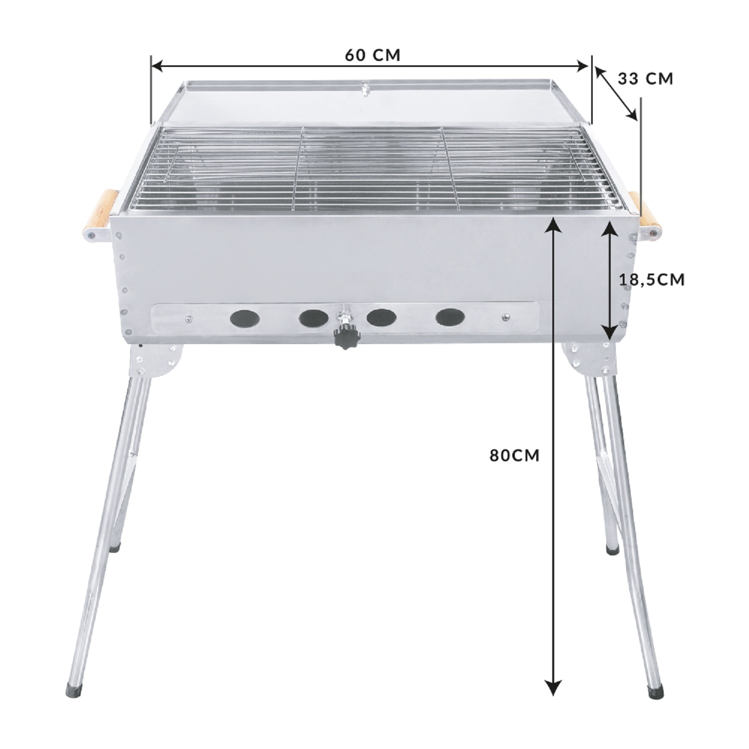 Silberner Grill mit Holzbeschichtung, 60x33x18,5cm, 80cm hoch.