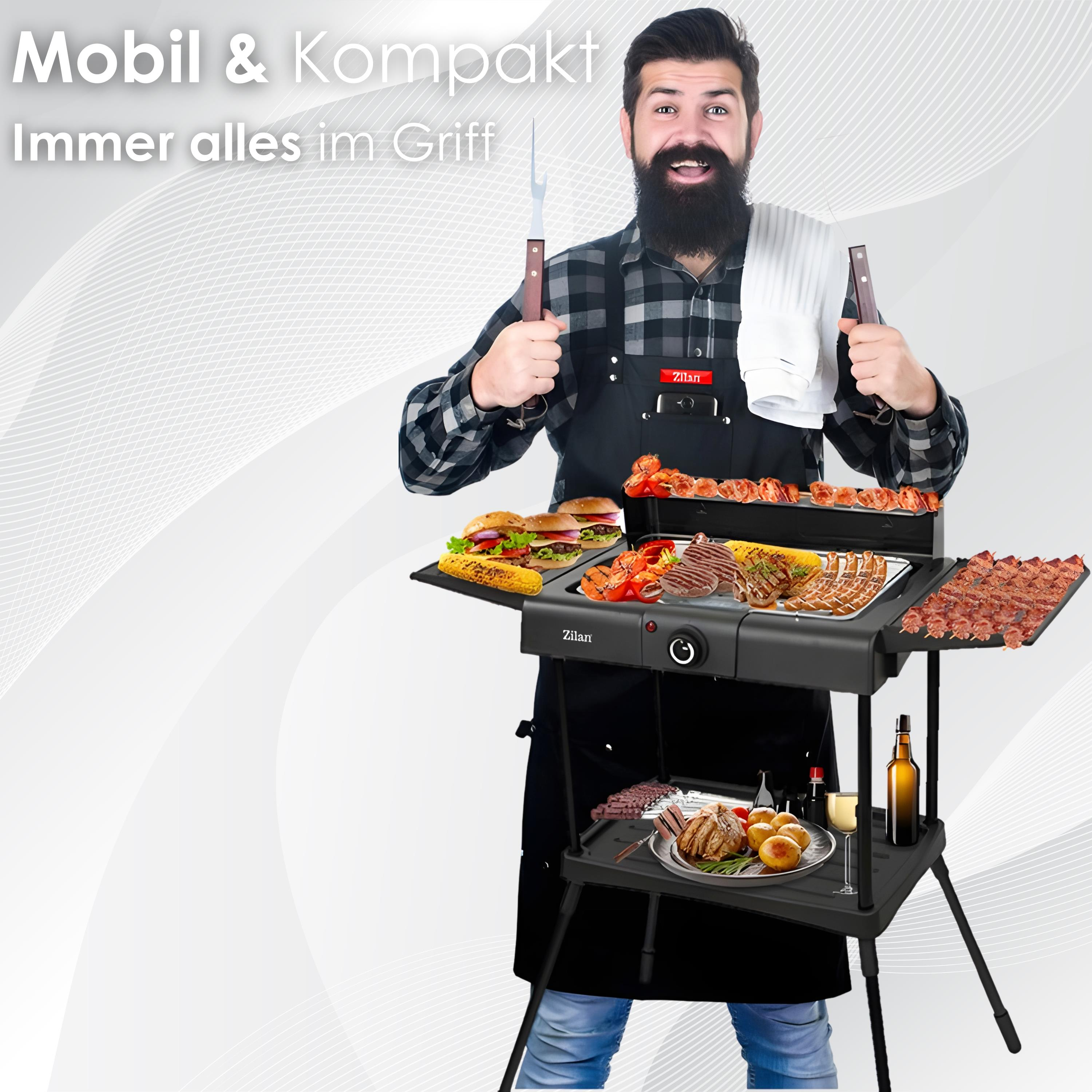 Mann mit Grill und Essen. Burger, Würstchen, Spieße, Fleisch, Mais, Tomaten.
