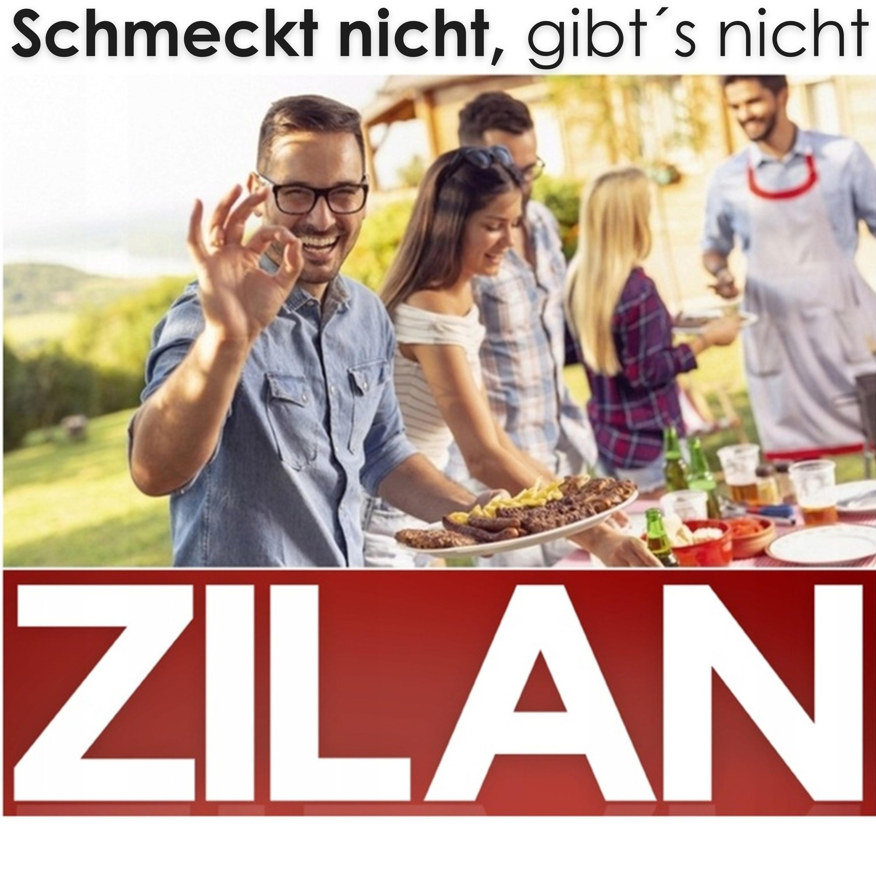 Männer und Frauen grillen und essen im Freien, mit einem "ZILAN" Logo.