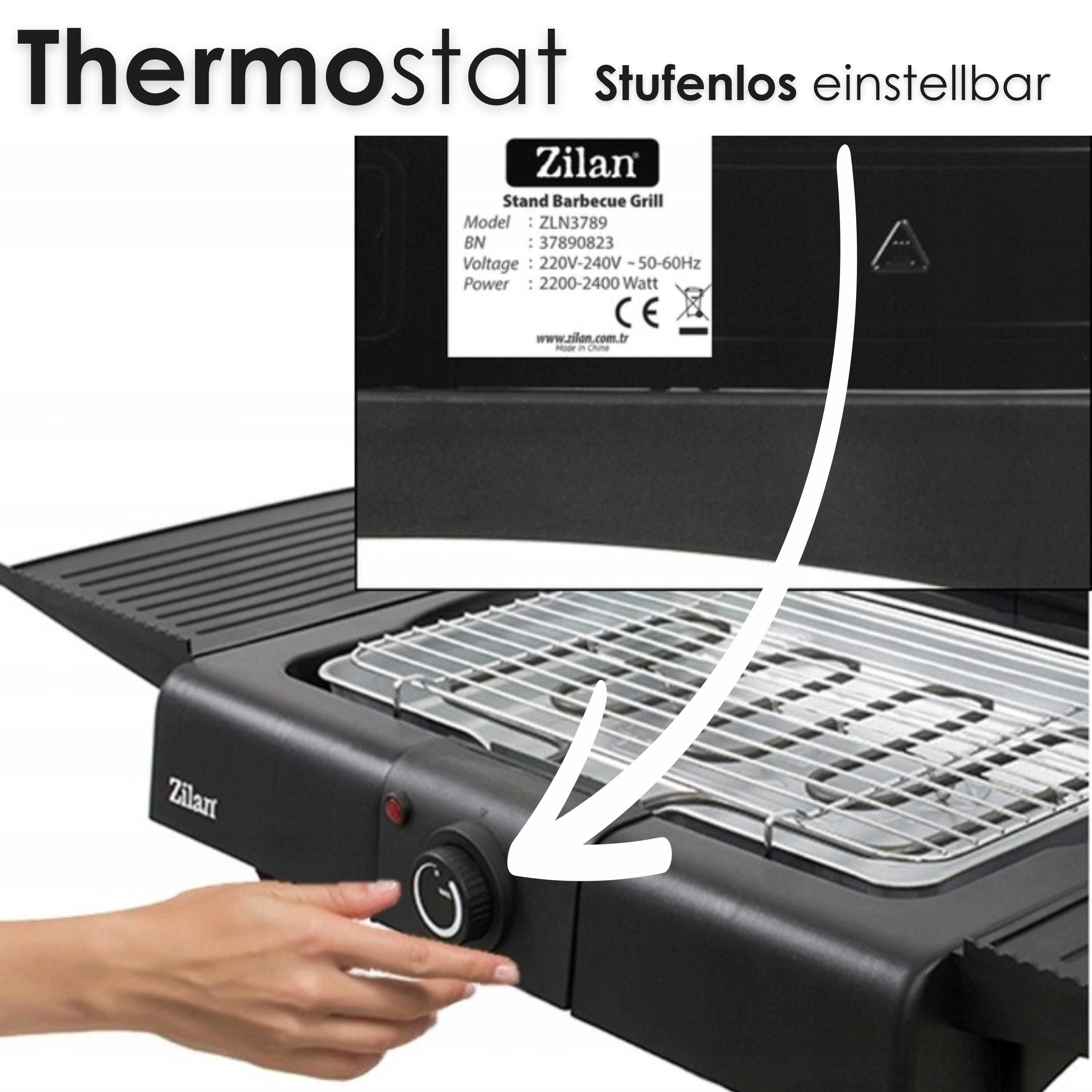 Eine Hand dreht den Temperaturregler eines schwarzen Elektrogrills mit Chromrost.