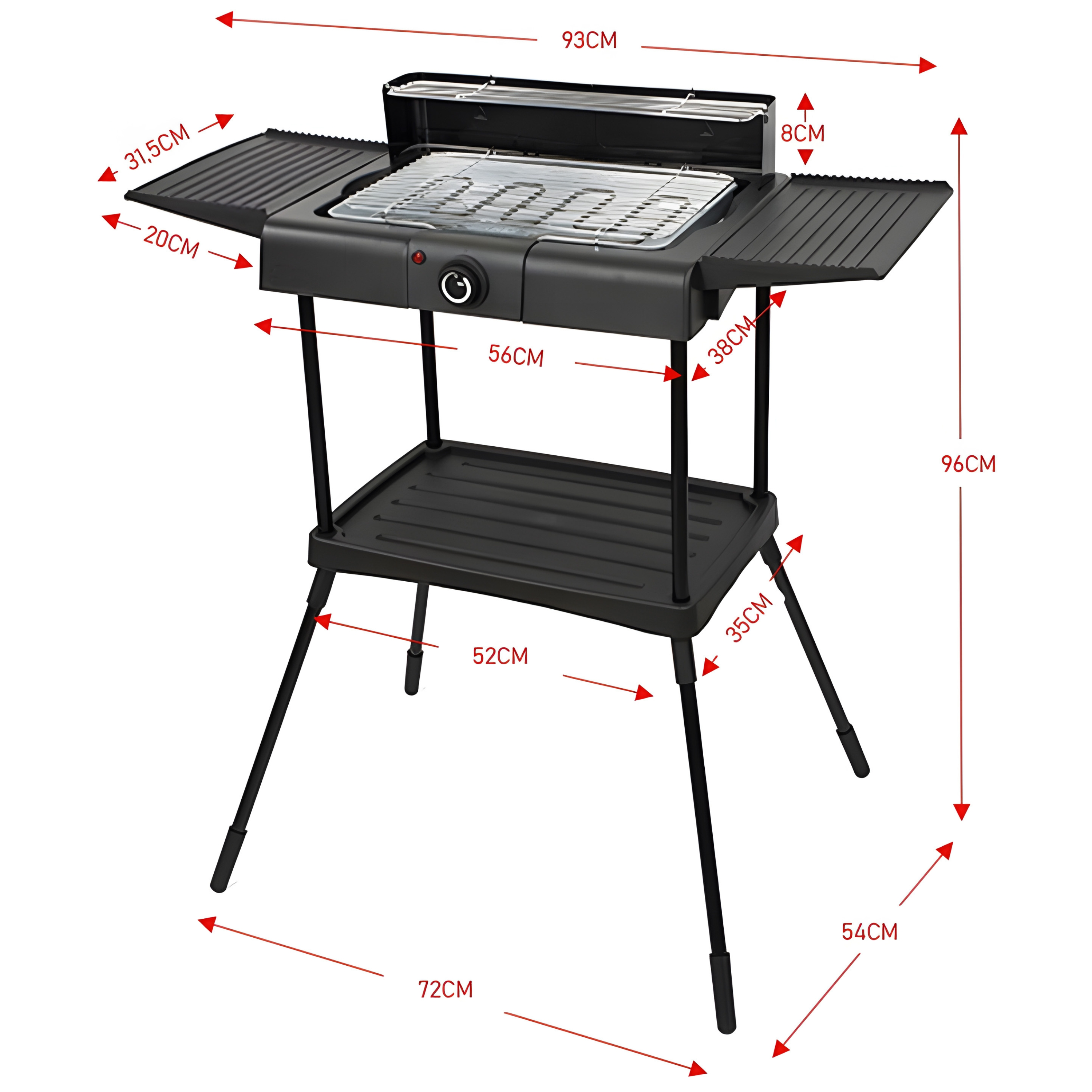 Schwarzer elektrischer Grill mit Maßen, auf weißem Hintergrund.