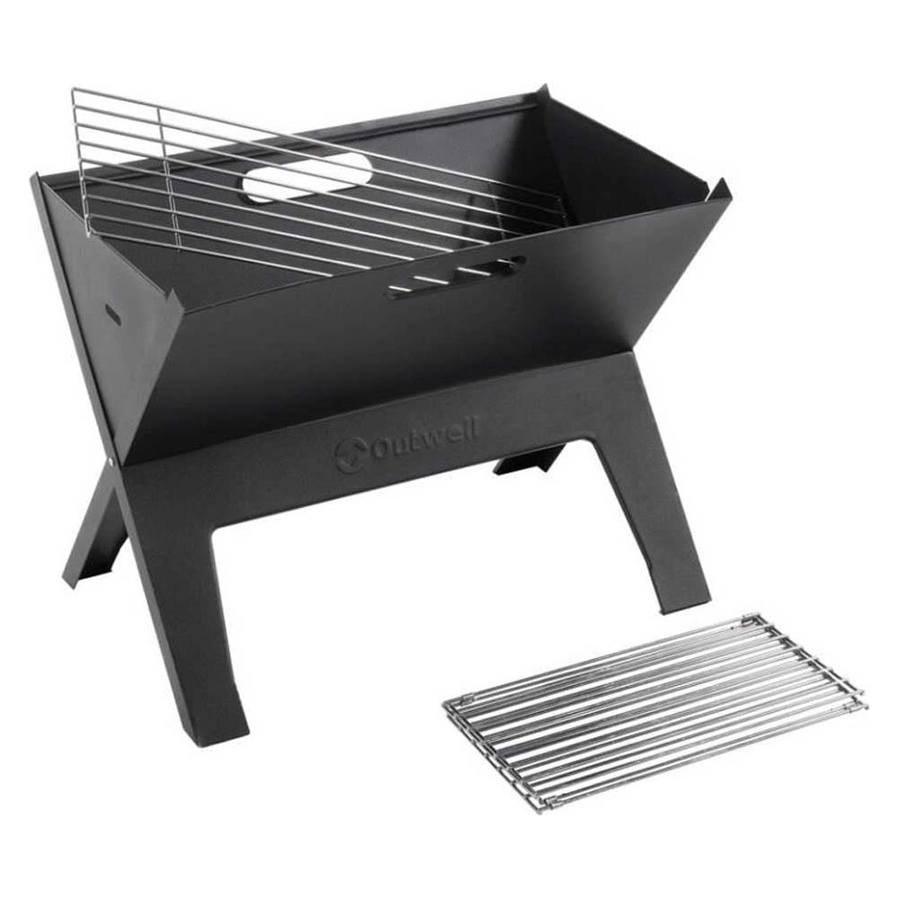 Ein schwarzer tragbarer Metallgrill mit zwei Rosten, einer innen und einer separat.