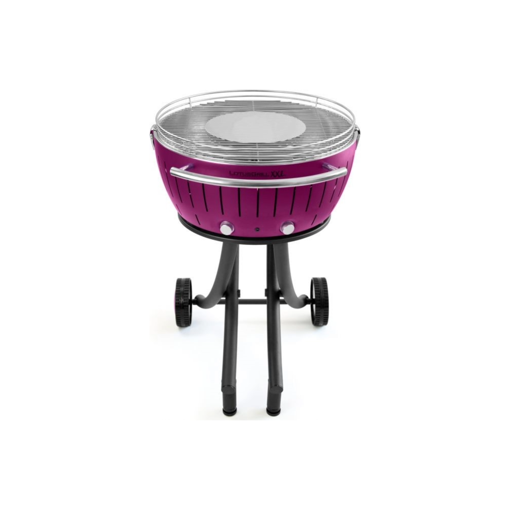 Ein violetter Lotus Grill XXL auf schwarzem Gestell mit Rädern.