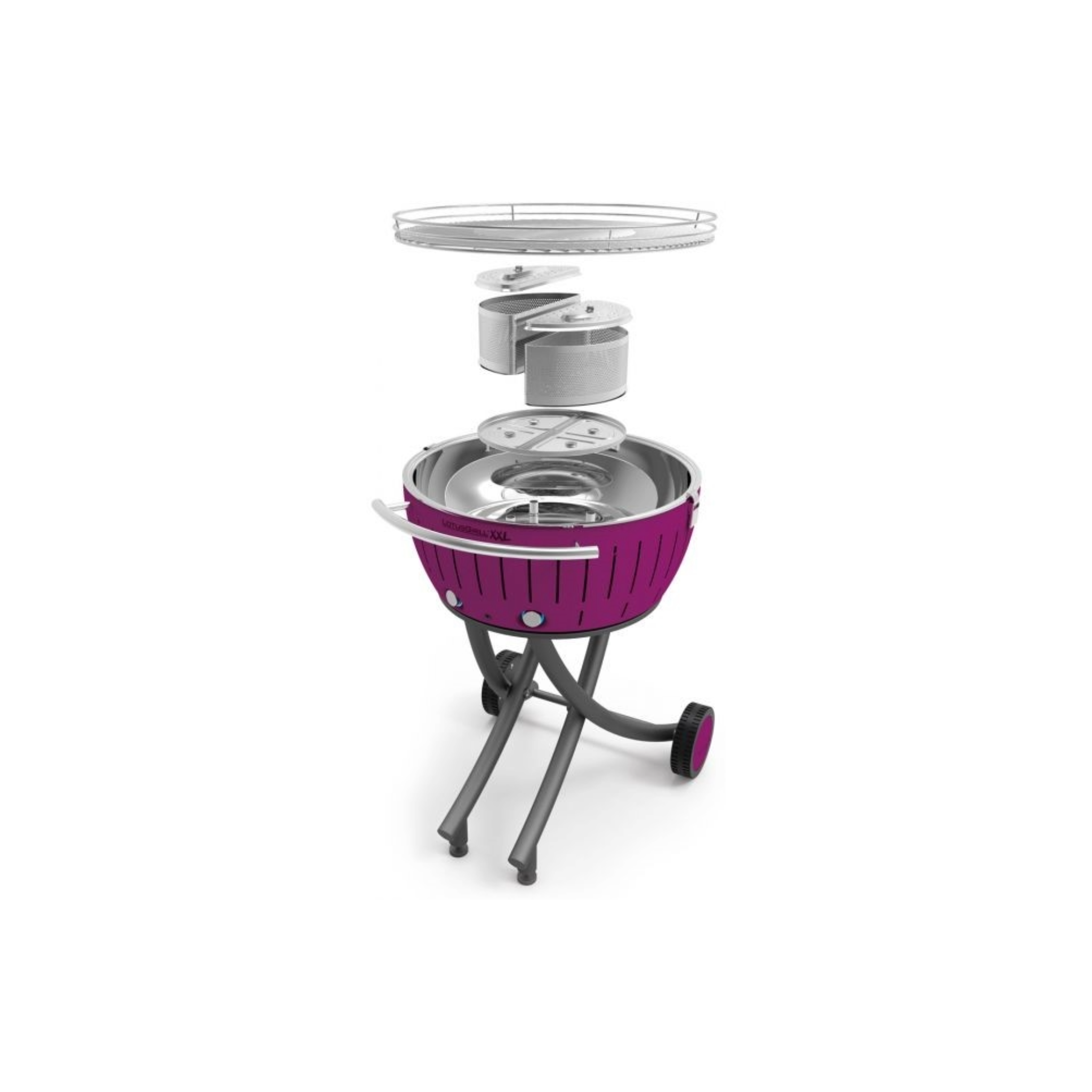 Ein violetter Grill mit silbernen Teilen, der zerlegt ist.