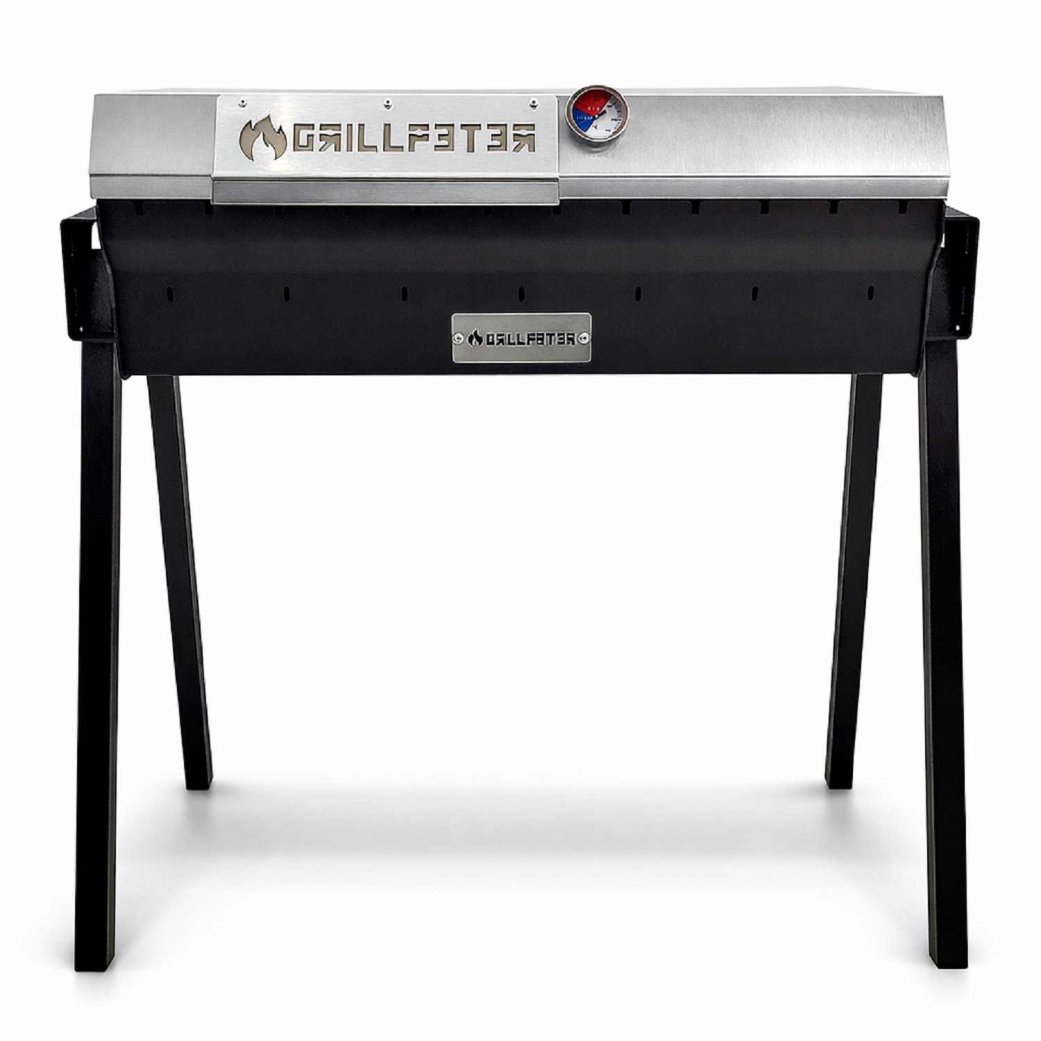Ein schwarzer Grill mit silbernem Deckel und Thermometer.