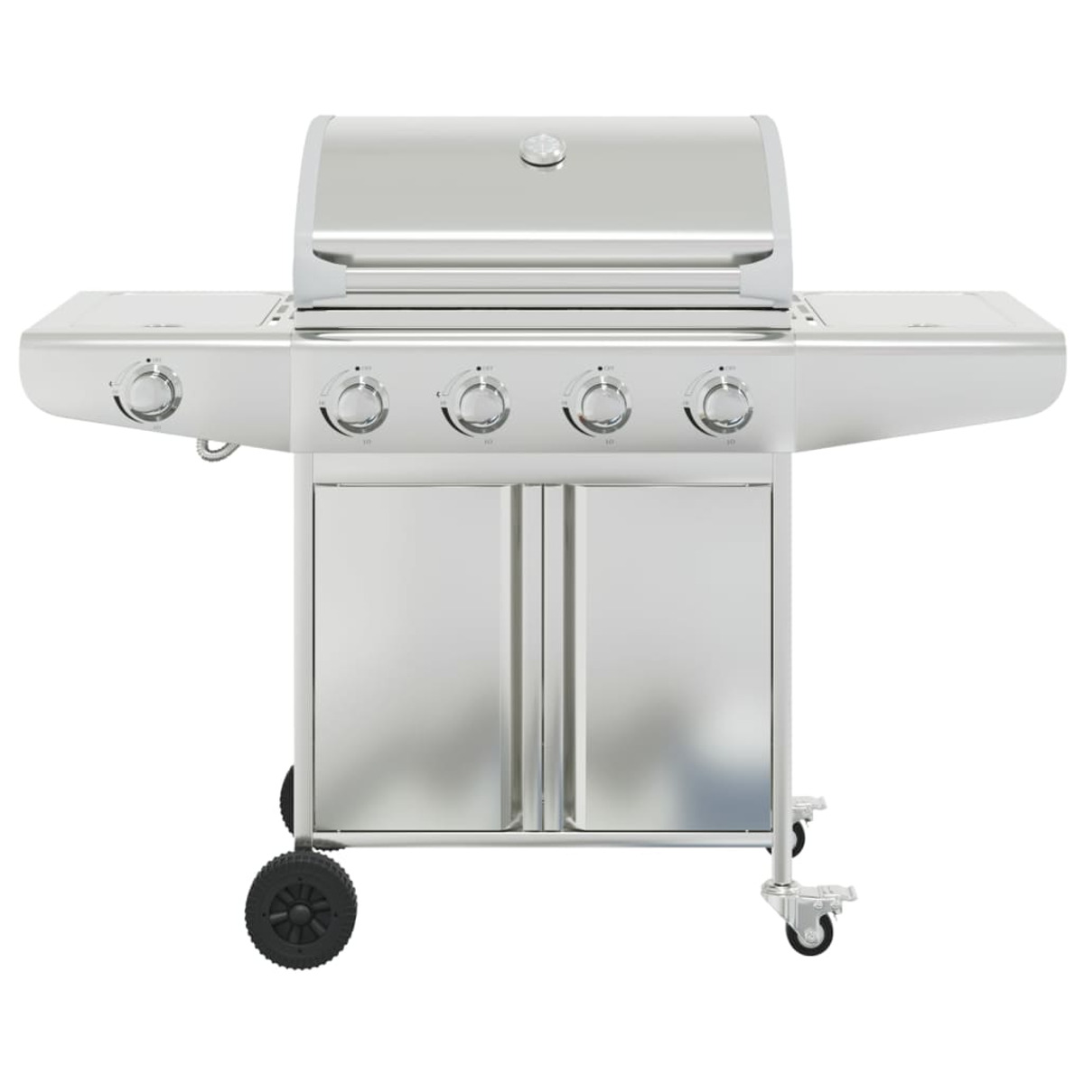Ein glänzender silberner Gasgrill mit vier Bedienknöpfen und Doppeltüren.