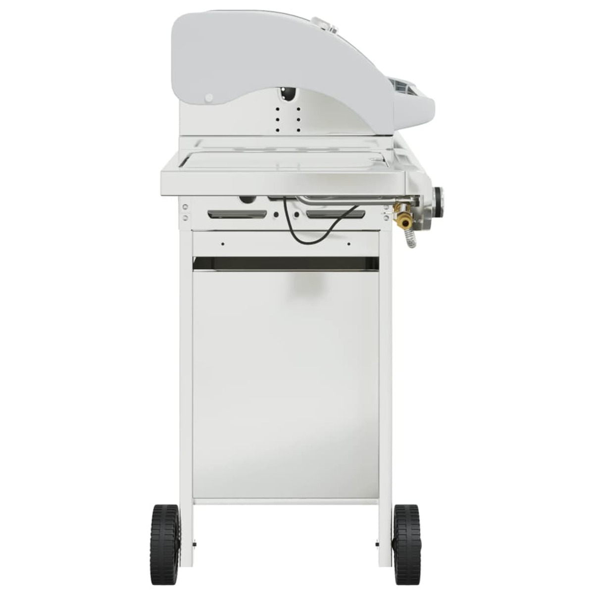 Ein weißer Gasgrill mit zwei Rädern und einer Ablage.