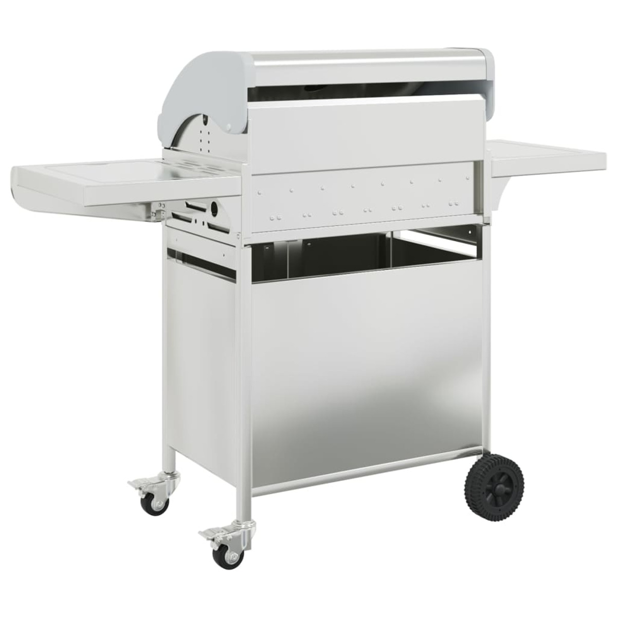 Ein silberner Grill mit ausklappbaren Ablagen, Rädern und einem großen Stauraum.