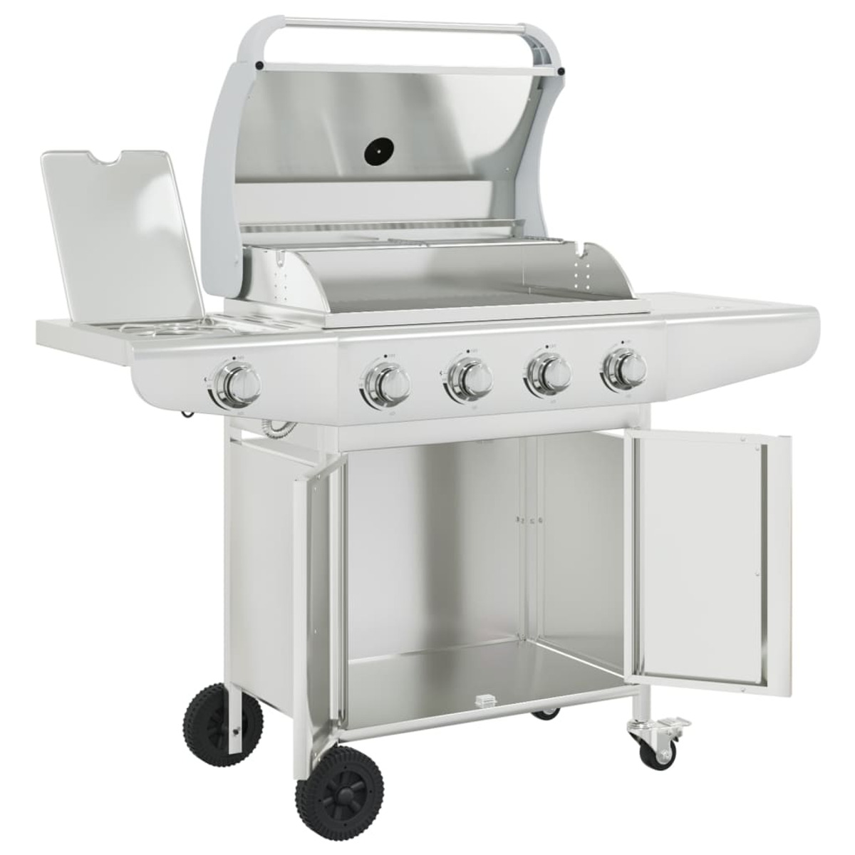 Ein silberner Gasgrill mit offenem Fach und vier Knöpfen.
