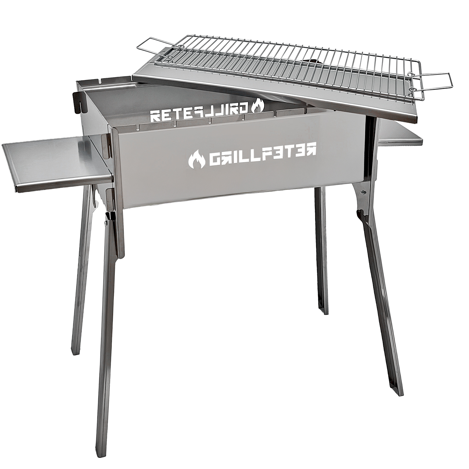 Ein silberner Grill mit ausklappbaren Seitenablagen und Grillrost.