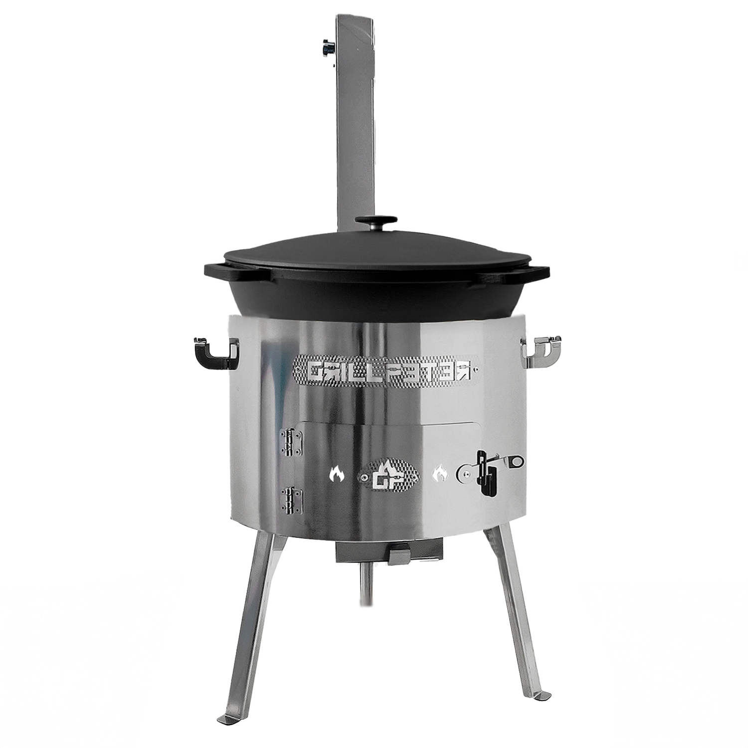 Ein silberner Grill mit schwarzem Deckel und drei Beinen auf weißem Hintergrund.