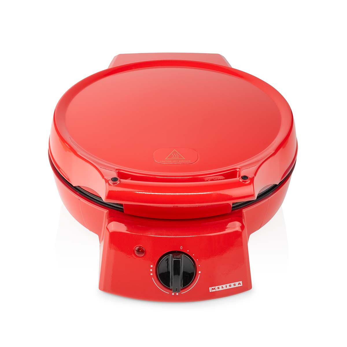 Czerwony grill elektryczny z pokrętłem i małą lampką kontrolną.