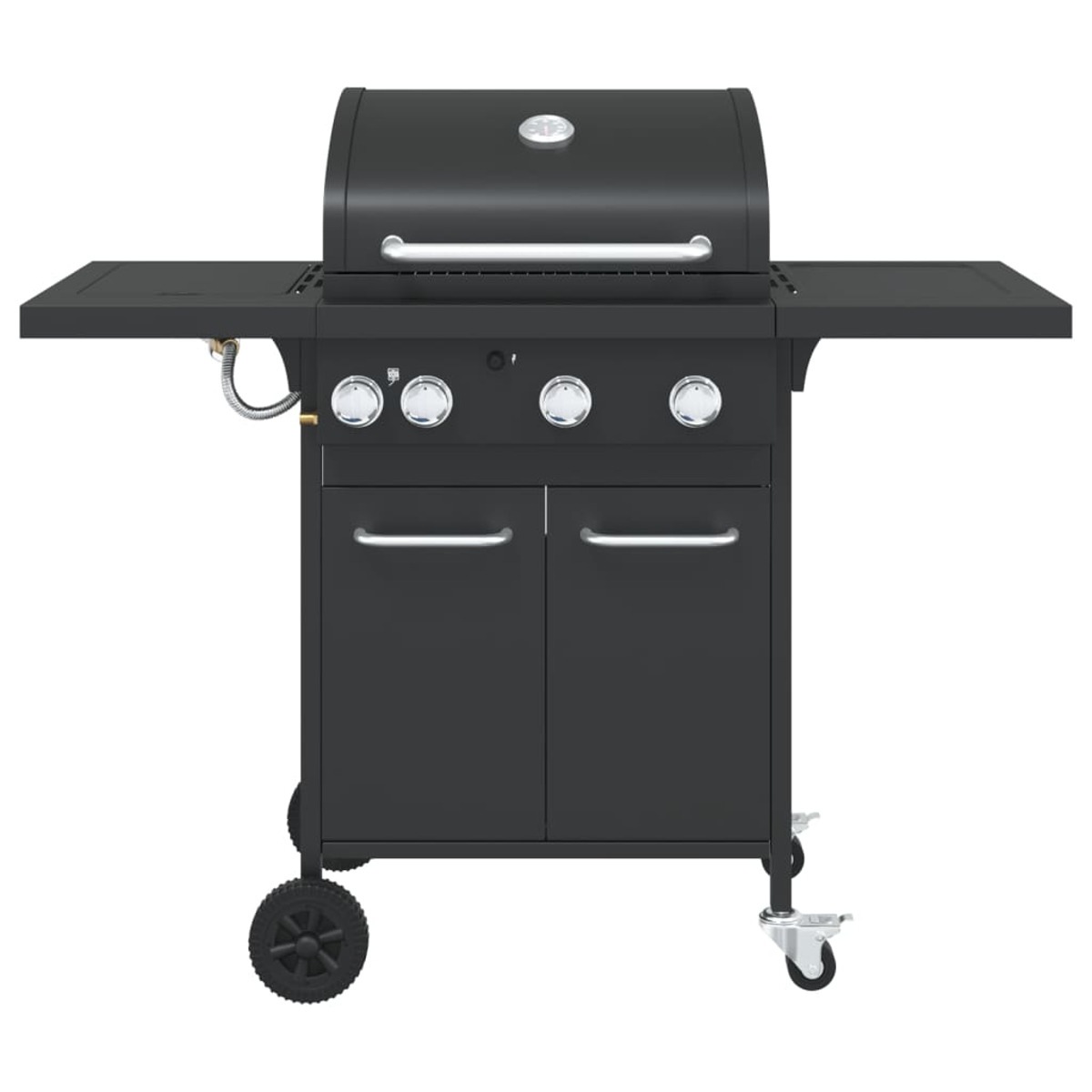 Ein schwarzer Gasgrill mit zwei Seitenablagen, Knöpfen und zwei Türen unten.