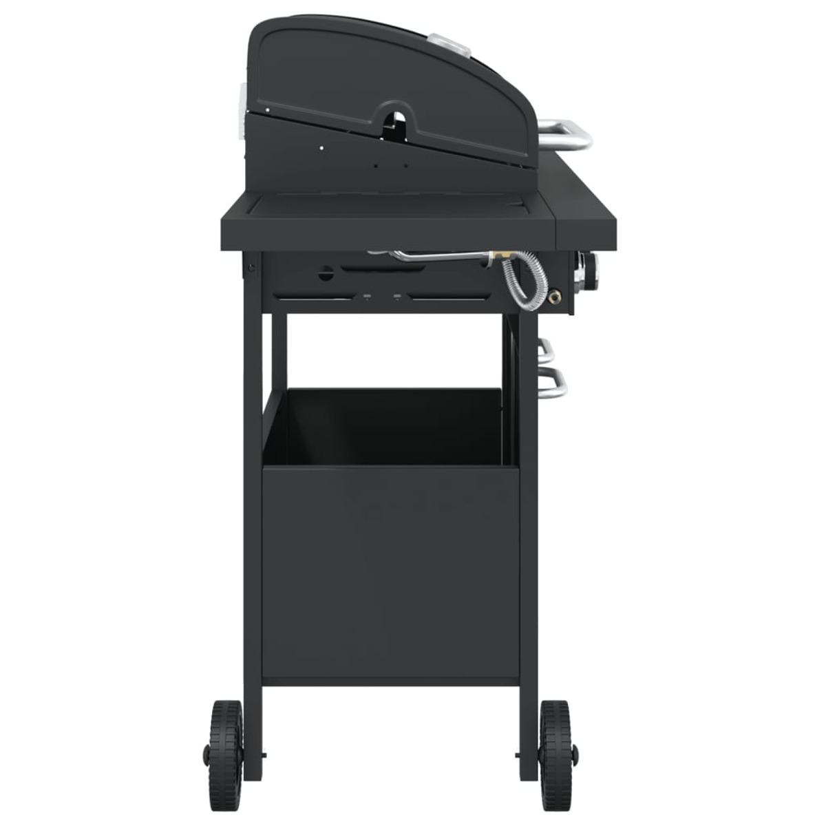 Ein schwarzer Gasgrill auf Rädern mit einem geschlossenen Deckel und einem Ablagefach.