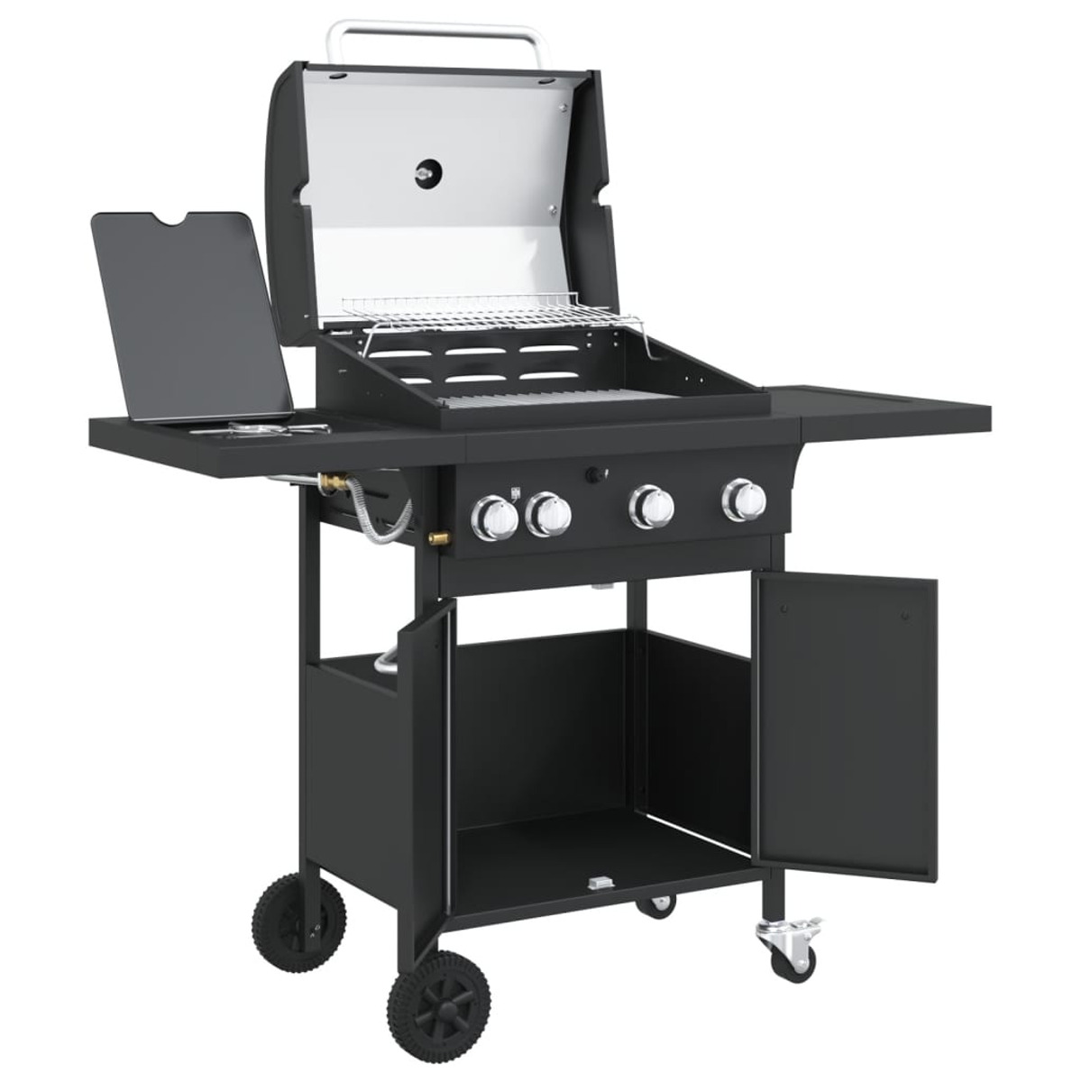 Schwarzer Gasgrill mit offenem Deckel, drei Knöpfen und zwei Türen.