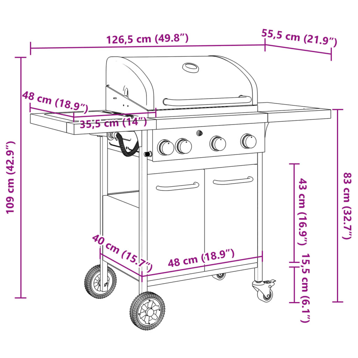 Ein Grill mit Maßen, der auf Rädern steht.