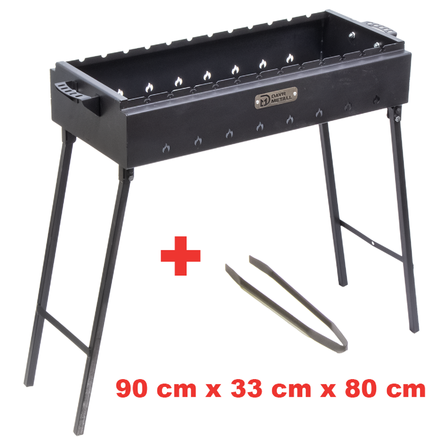 Schwarzer Grill mit Beinen, Zange, rotem Kreuz und Maßen 90x33x80cm.