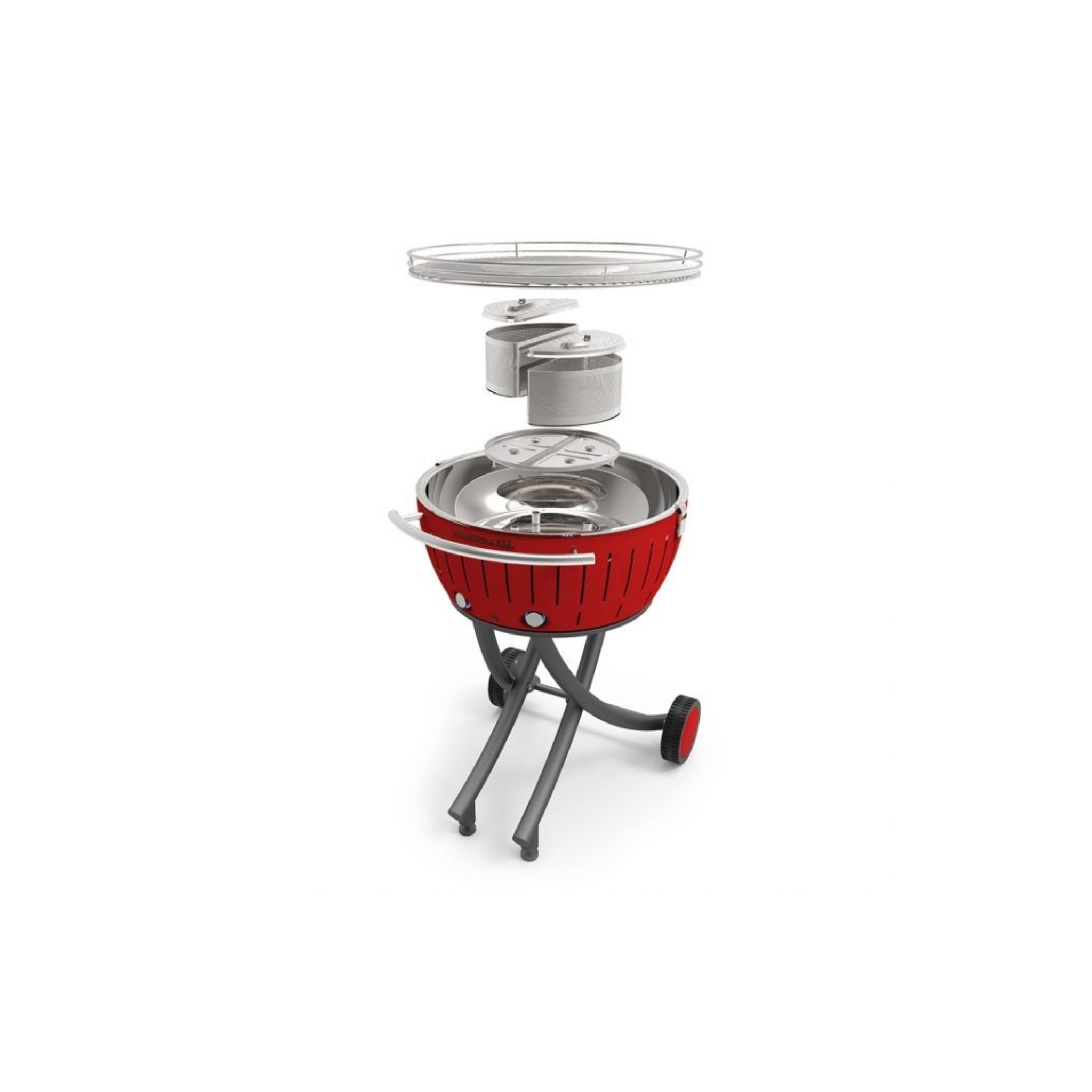 Zerlegter roter Grill mit Metallrahmen und Rädern auf weißem Hintergrund.