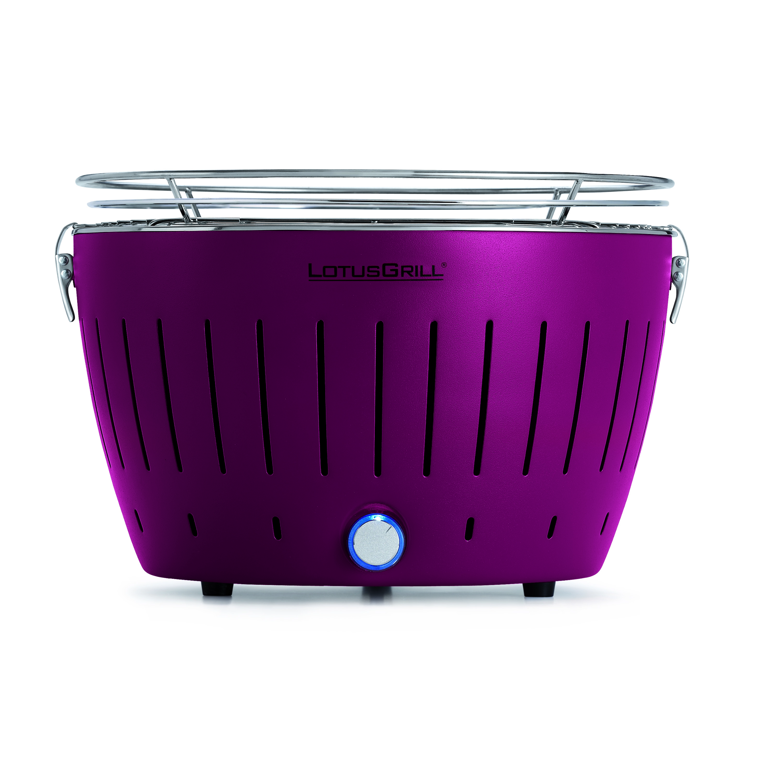Lila LotusGrill mit silbernem Rost und blau beleuchtetem Knopf.