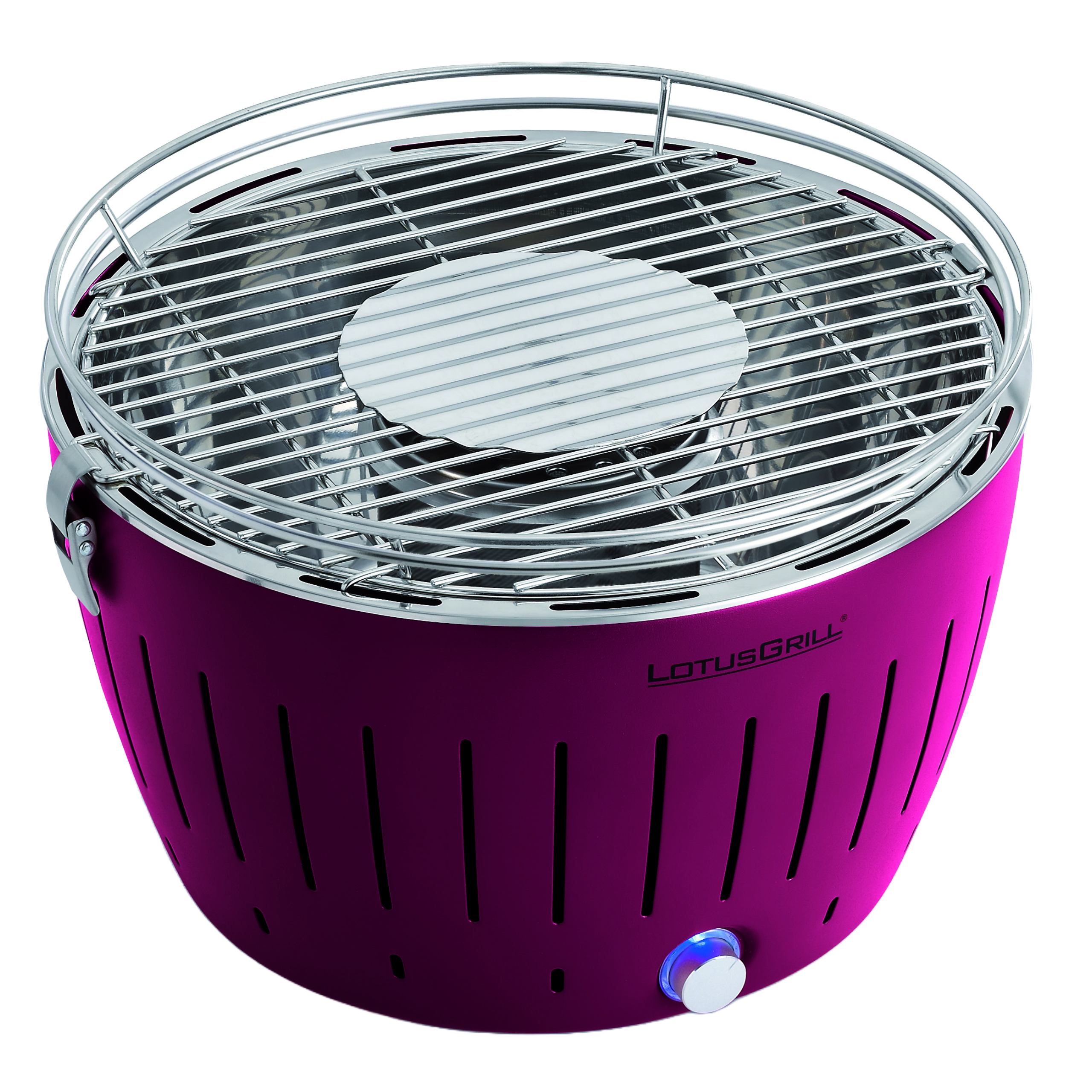 Ein violetter LotusGrill mit silbernem Rost und einem blauen Licht an der Steuerung.