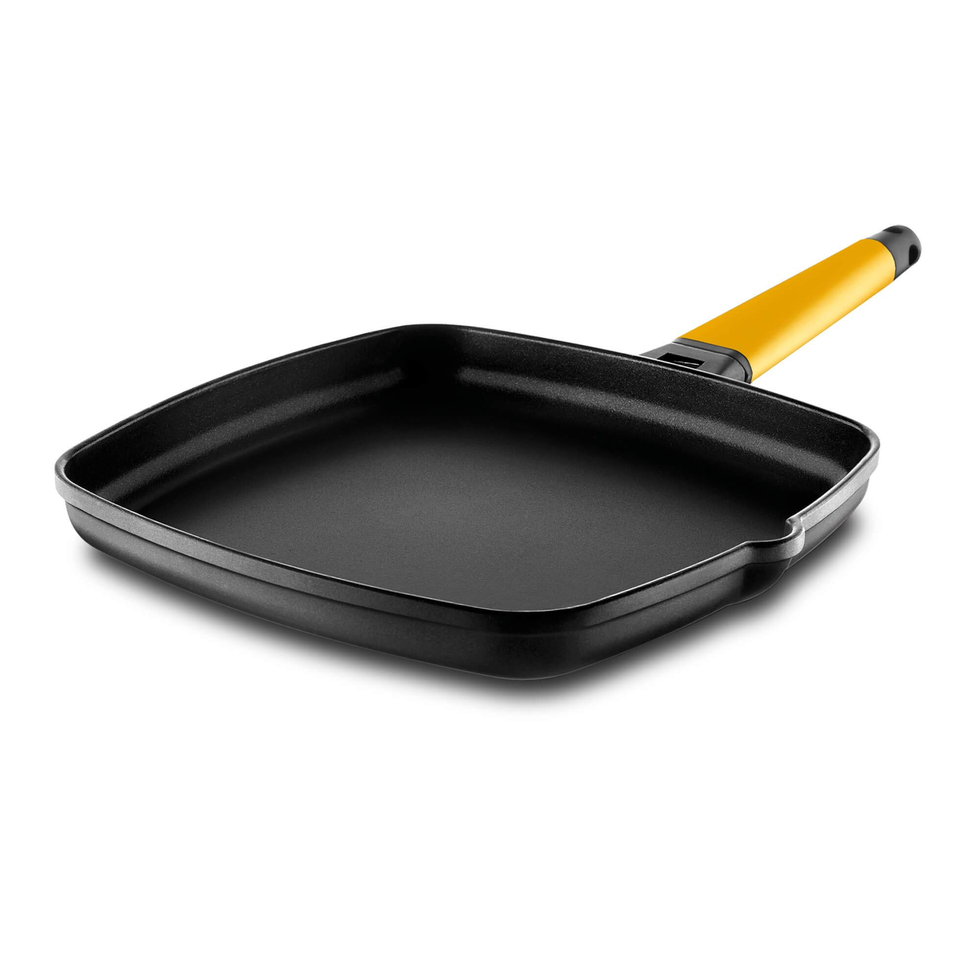 Una padella quadrata nera con manico giallo.