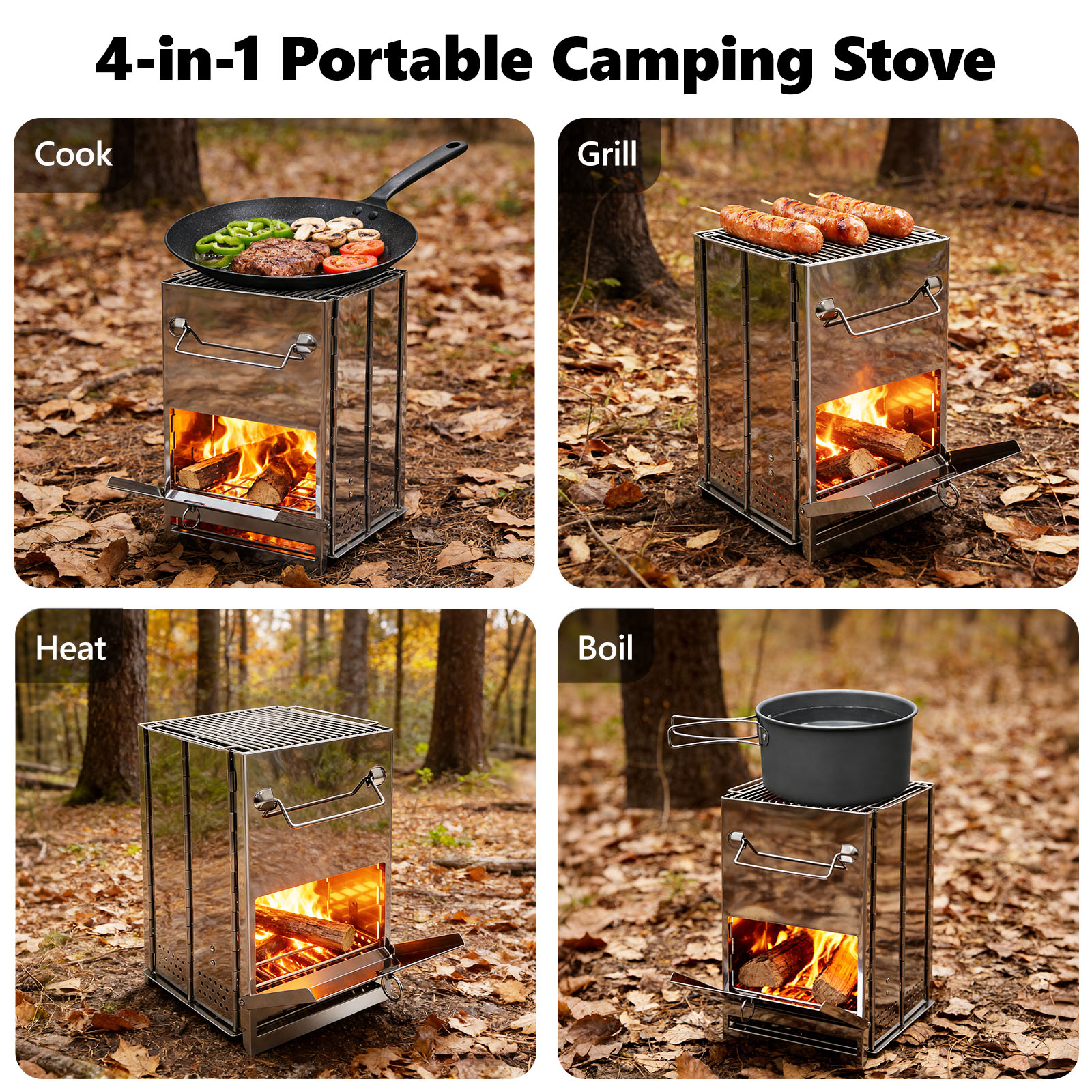 Ein tragbarer Campingkocher in vier Modi: Kochen, Grillen, Heizen, Kochen.