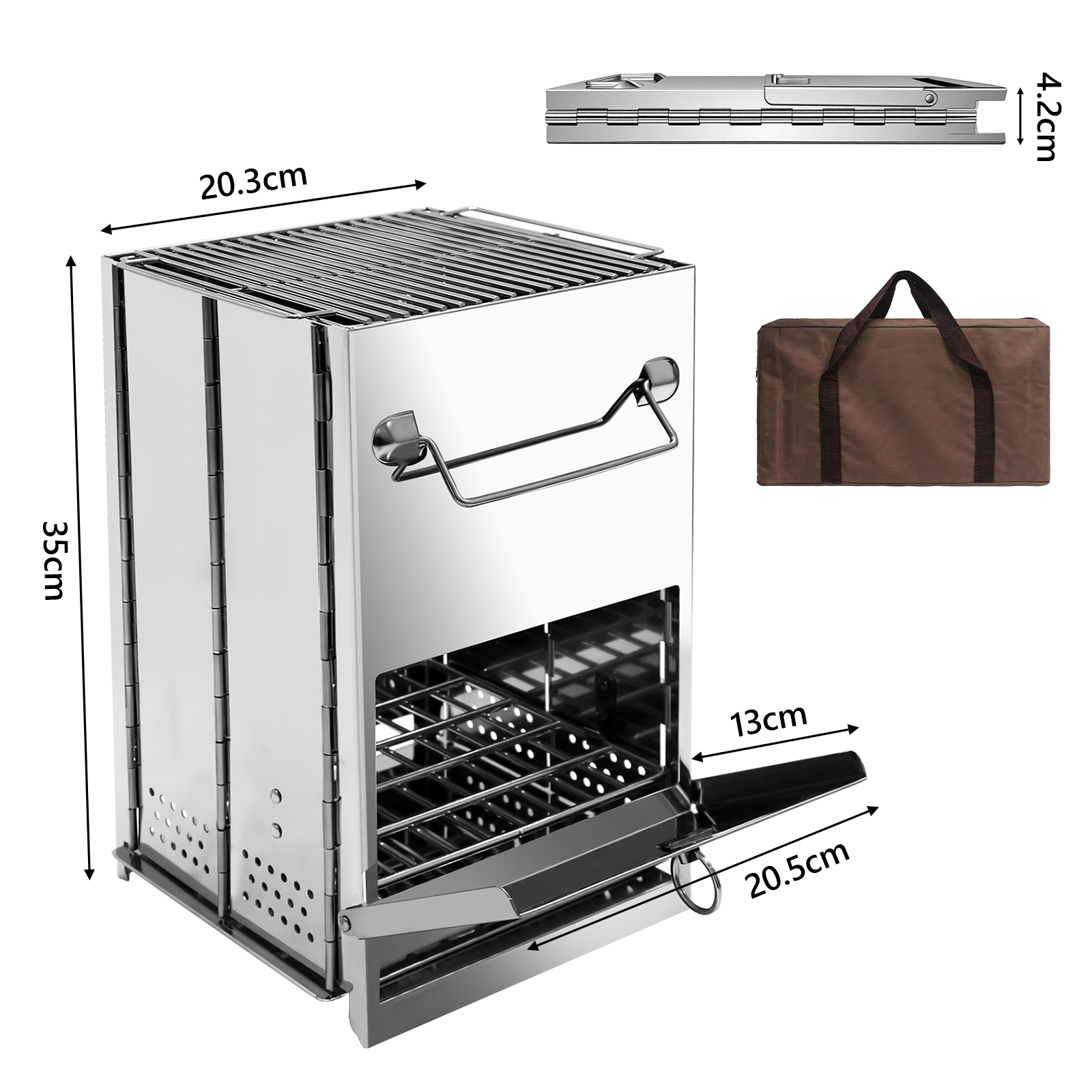 Ein zusammenklappbarer Edelstahlgrill mit Maßen und einer braunen Tragetasche.