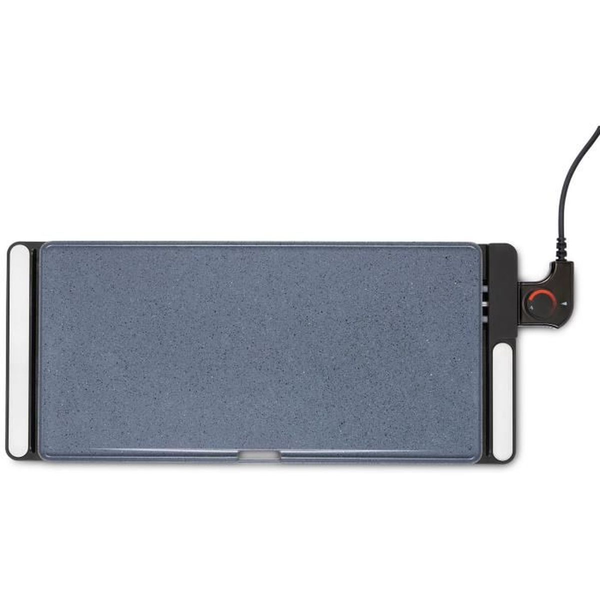Eine graue Elektrogrillplatte mit schwarzem Rahmen und Temperaturregler.