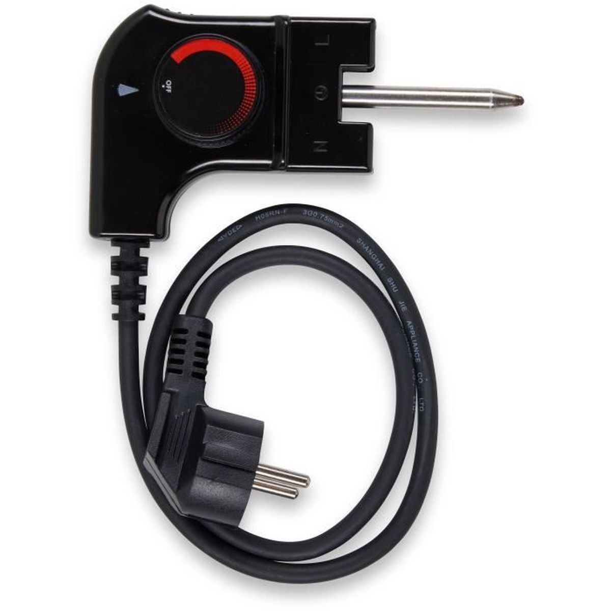 Schwarzer Thermostat mit rotem Einstellrad, Stecker und Kabel auf weißem Hintergrund.