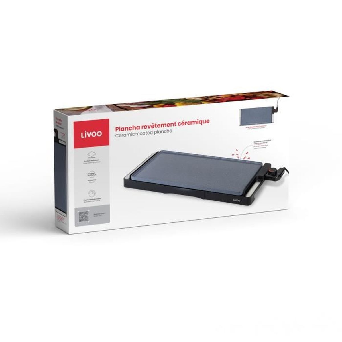 Packung einer Livoo Keramik-Plancha mit einem flachen Grillbereich.