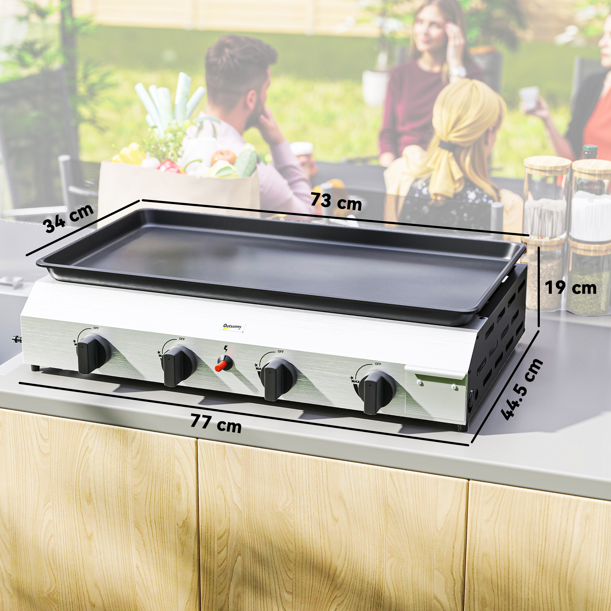 Piastra in acciaio inox con quattro manopole, dimensioni 77x34x19 cm.