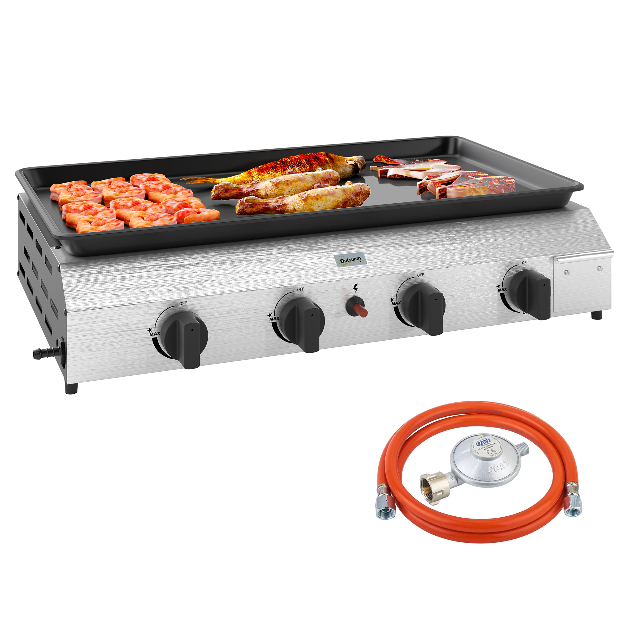 Una griglia a gas con carne e pesce, accanto un tubo del gas con regolatore.