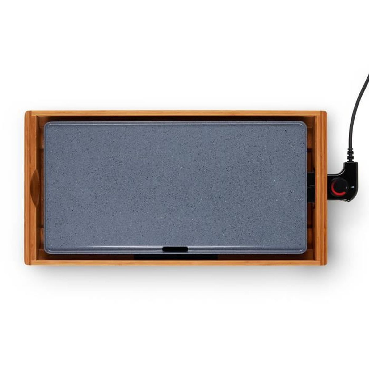 Elektrische Grillplatte mit Steinoptik in einem Holzrahmen, Kabel und Regler.