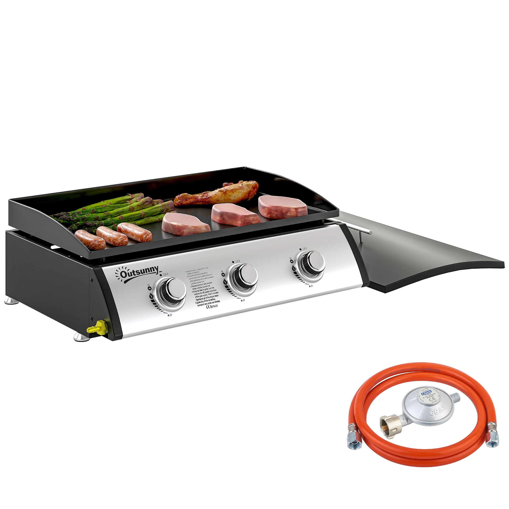 Una piastra Outsunny con carne, salsicce e asparagi, più regolatore e tubo del gas.