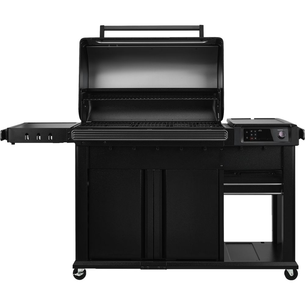 Gril noir avec couvercle ouvert, étagère latérale et panneau de commande.