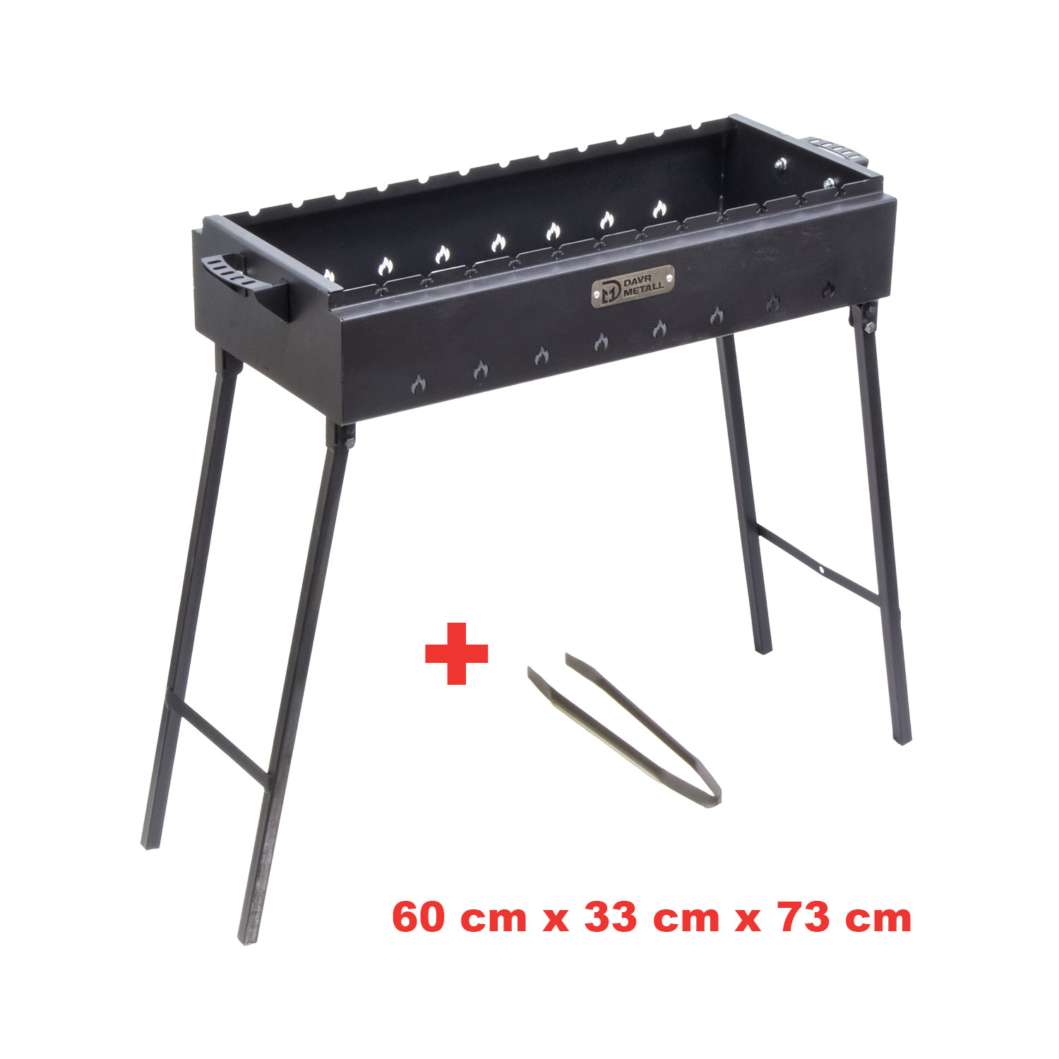 Ein schwarzer Metallgrill mit vier Beinen und Zange. Maße: 60x33x73 cm.