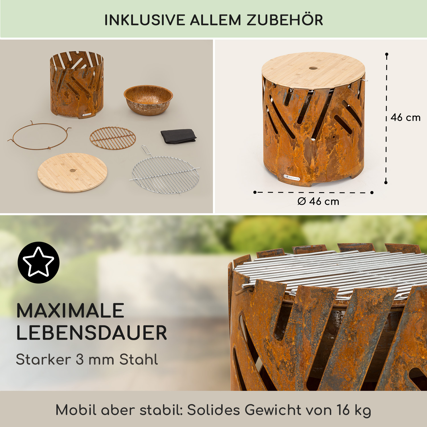 Rostiger Metallkorb mit Bambusdeckel, Maße 46x46cm. Zubehör abgebildet.