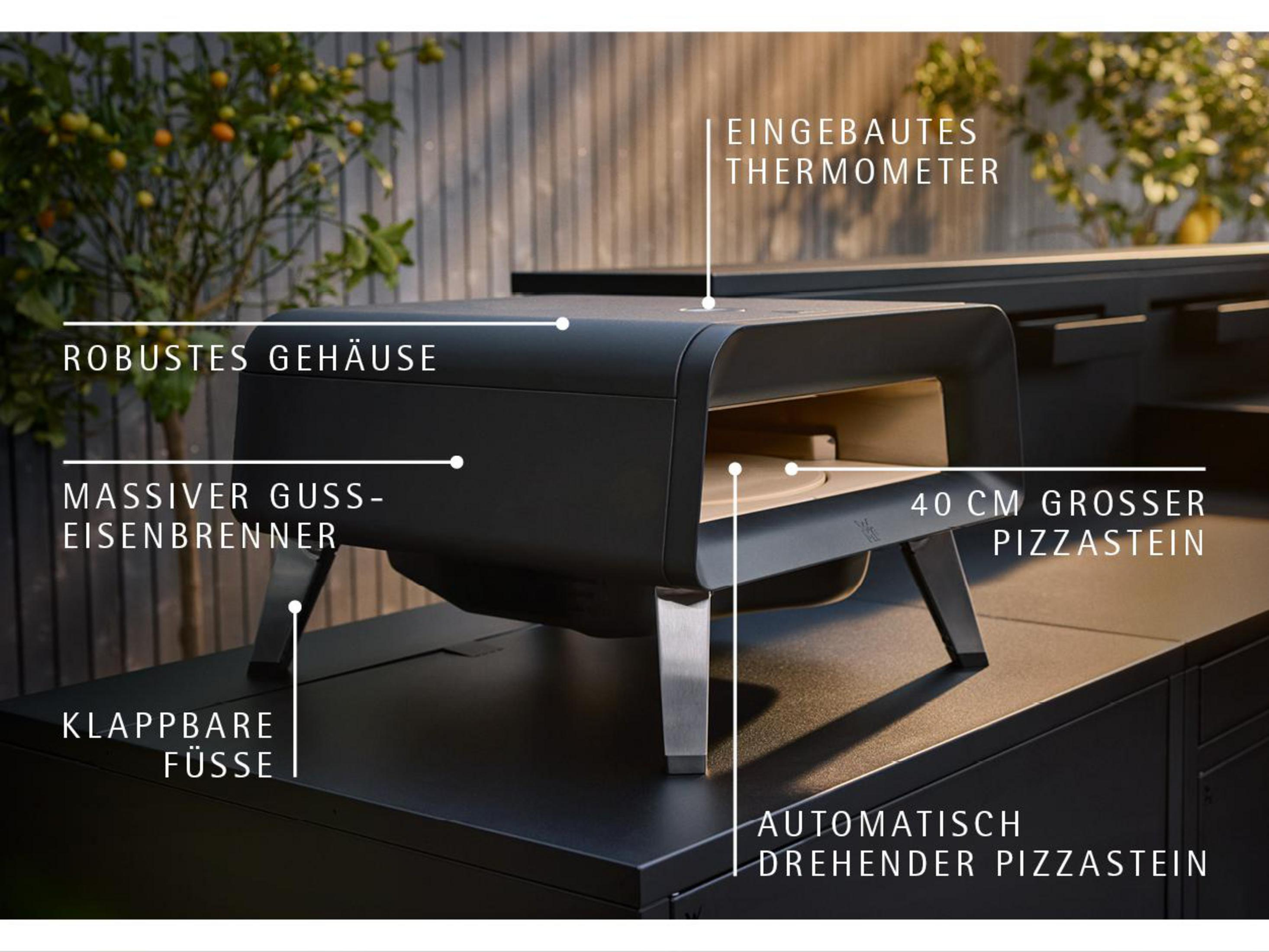 Forno per pizza nero con termometro incorporato, bruciatore in ghisa, pietra per pizza da 40 cm e gambe pieghevoli.
