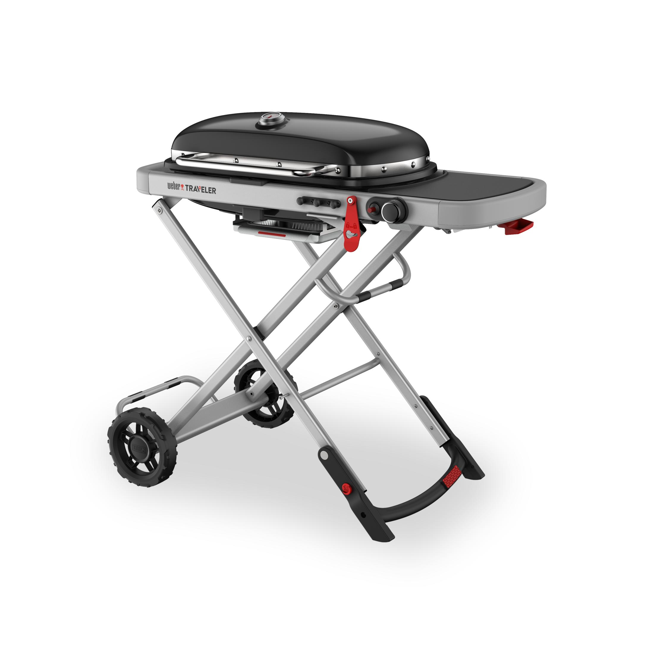 Siyah kapaklı ve gümüş çerçeveli taşınabilir Weber ızgara.