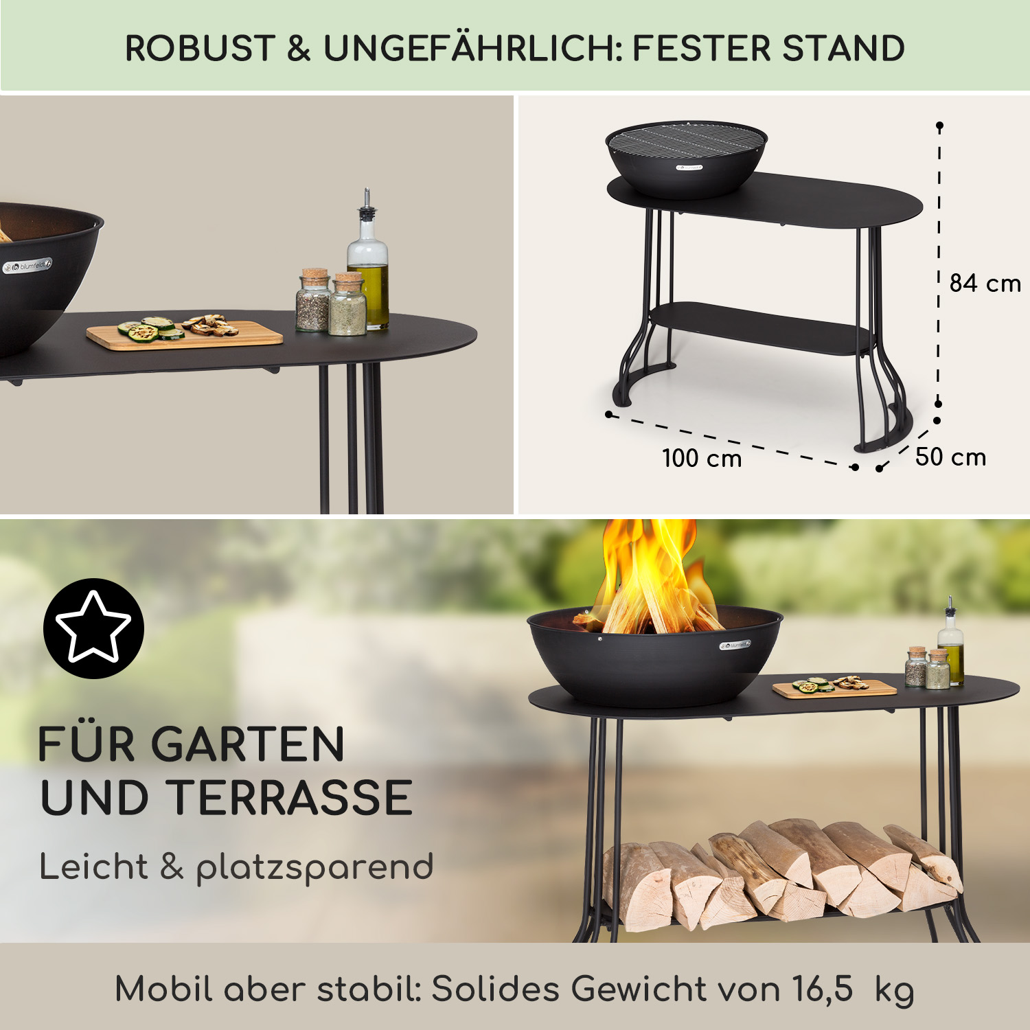 Schwarzer Grilltisch mit Grill, Holz und Zutaten. Maße: 100x50x84cm.